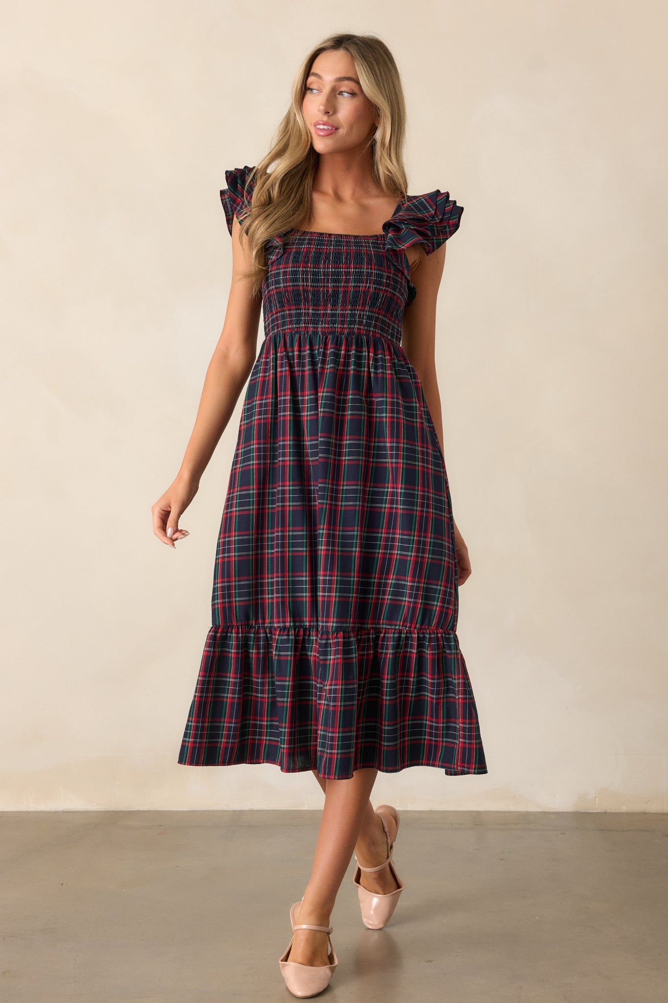 Always Good Cotton Navy Plaid Flutter Sleeve Midi Dress