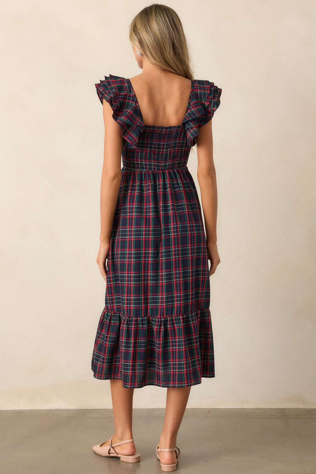Always Good Cotton Navy Plaid Flutter Sleeve Midi Dress