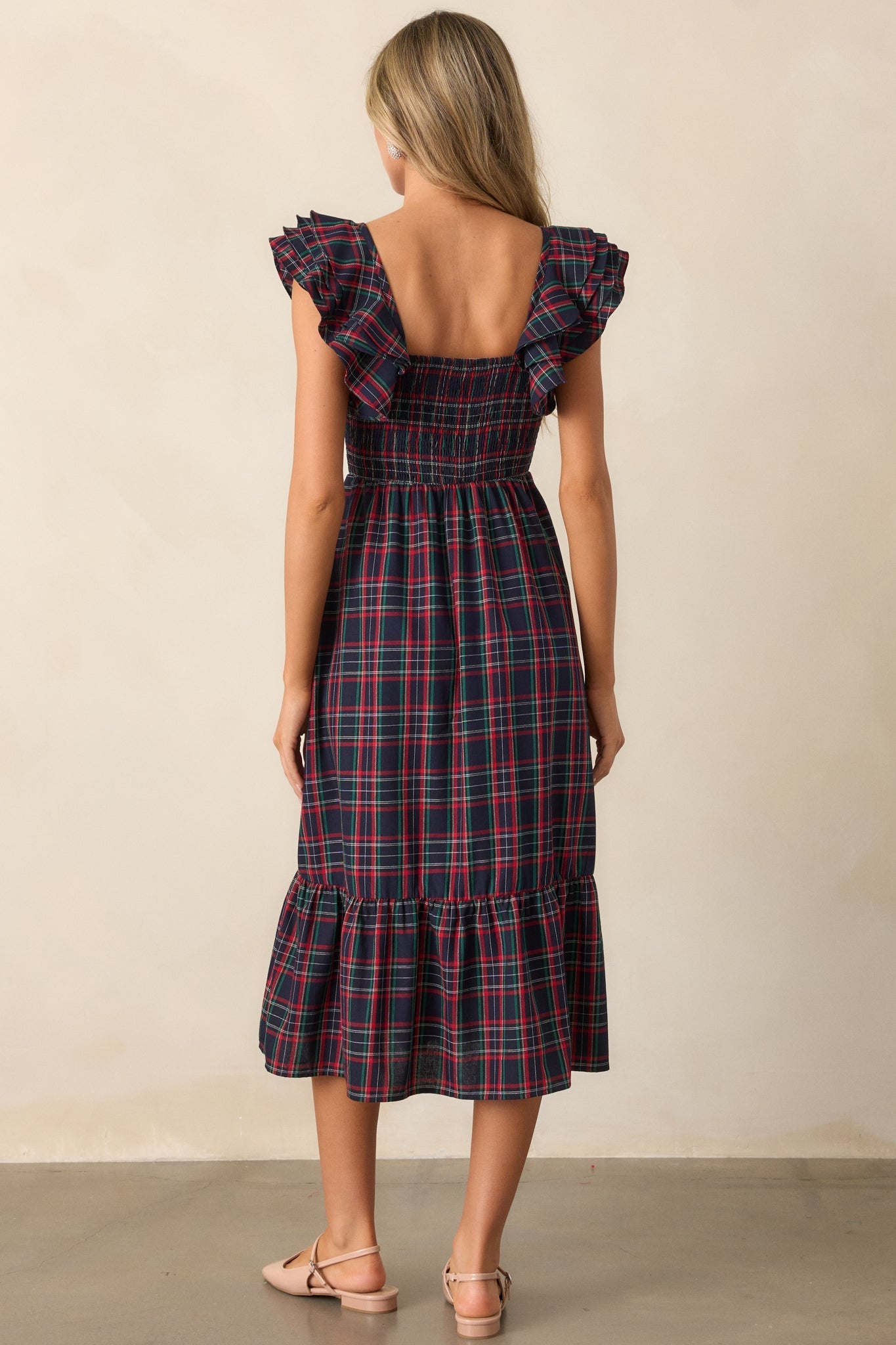 Always Good Cotton Navy Plaid Flutter Sleeve Midi Dress