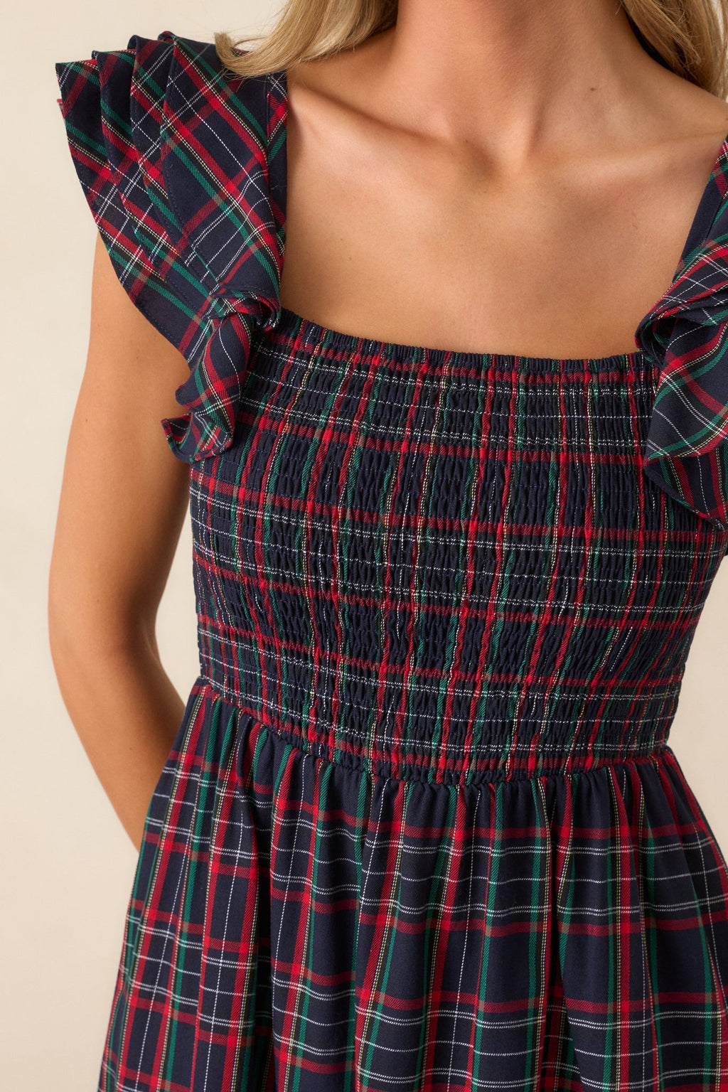 Always Good Cotton Navy Plaid Flutter Sleeve Midi Dress