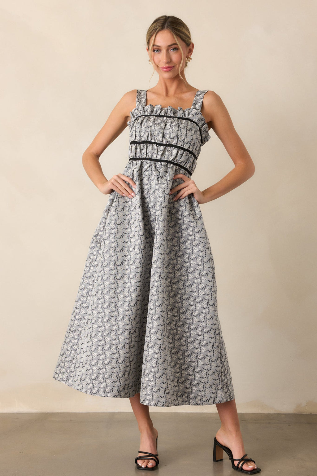 Moment In Time Light Grey Floral Midi Dress