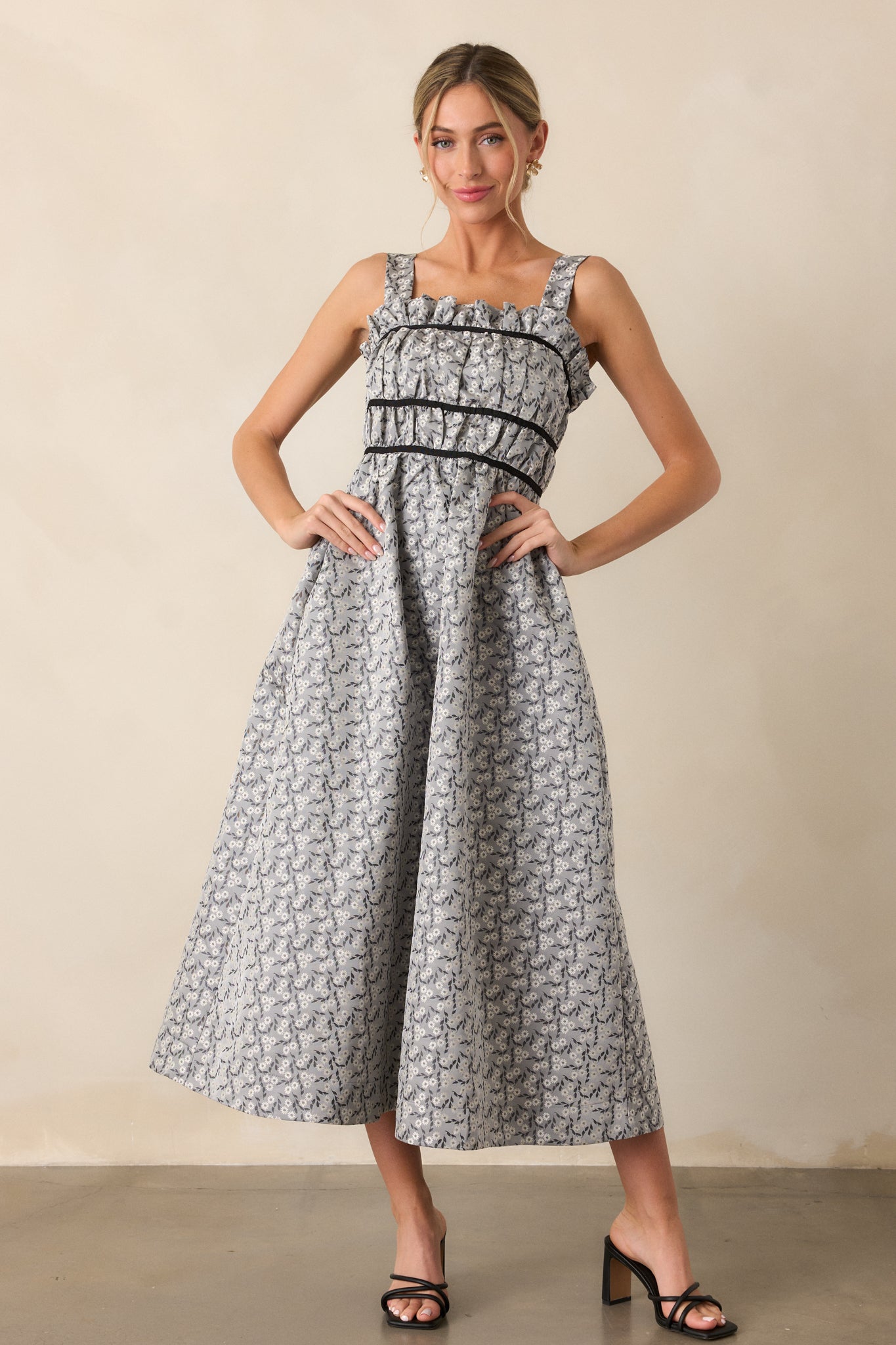 Moment In Time Light Grey Floral Midi Dress