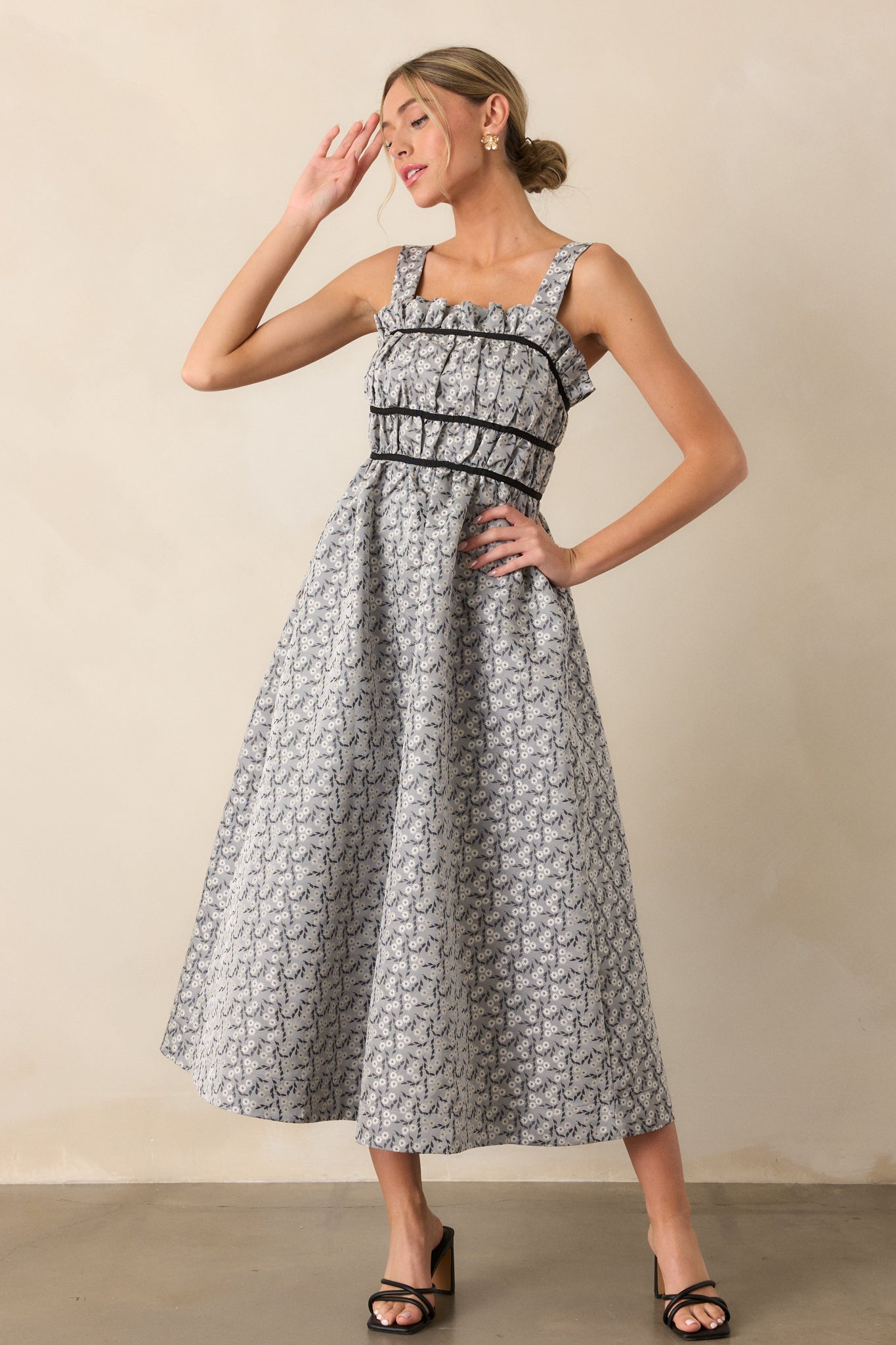 Moment In Time Light Grey Floral Midi Dress