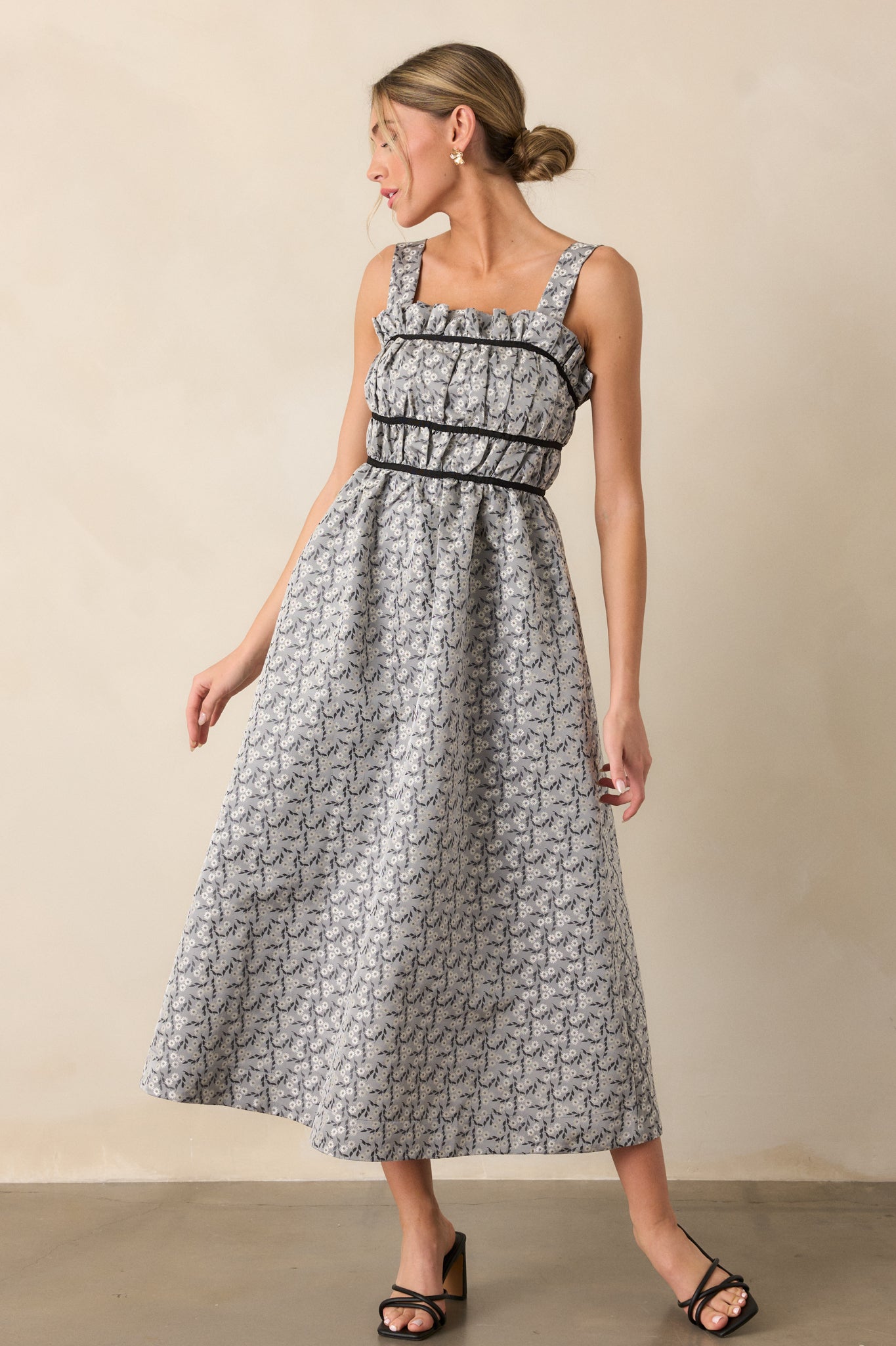 Moment In Time Light Grey Floral Midi Dress