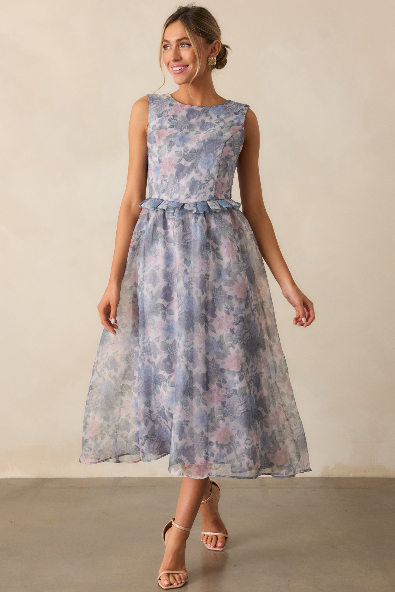 Painted Skies Ash Blue Floral Midi Dress