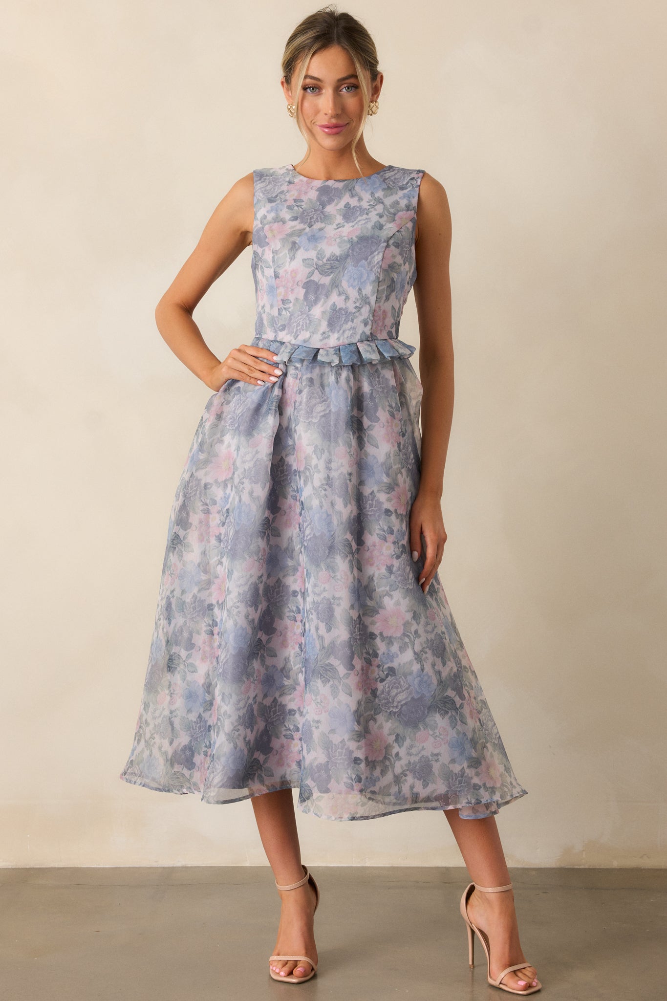 Painted Skies Ash Blue Floral Midi Dress
