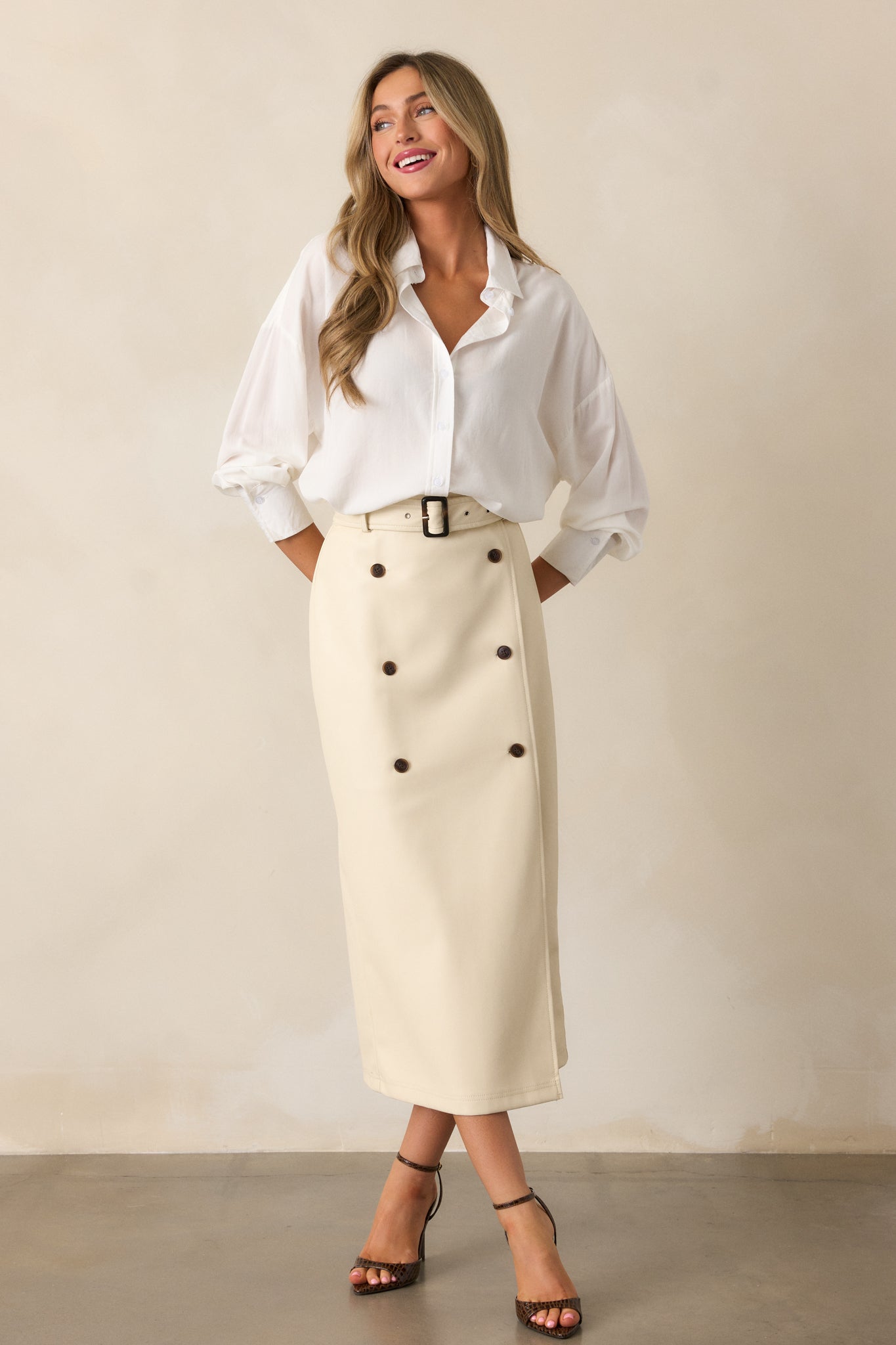 Beyond The Storm Ecru Faux Leather Midi Skirt