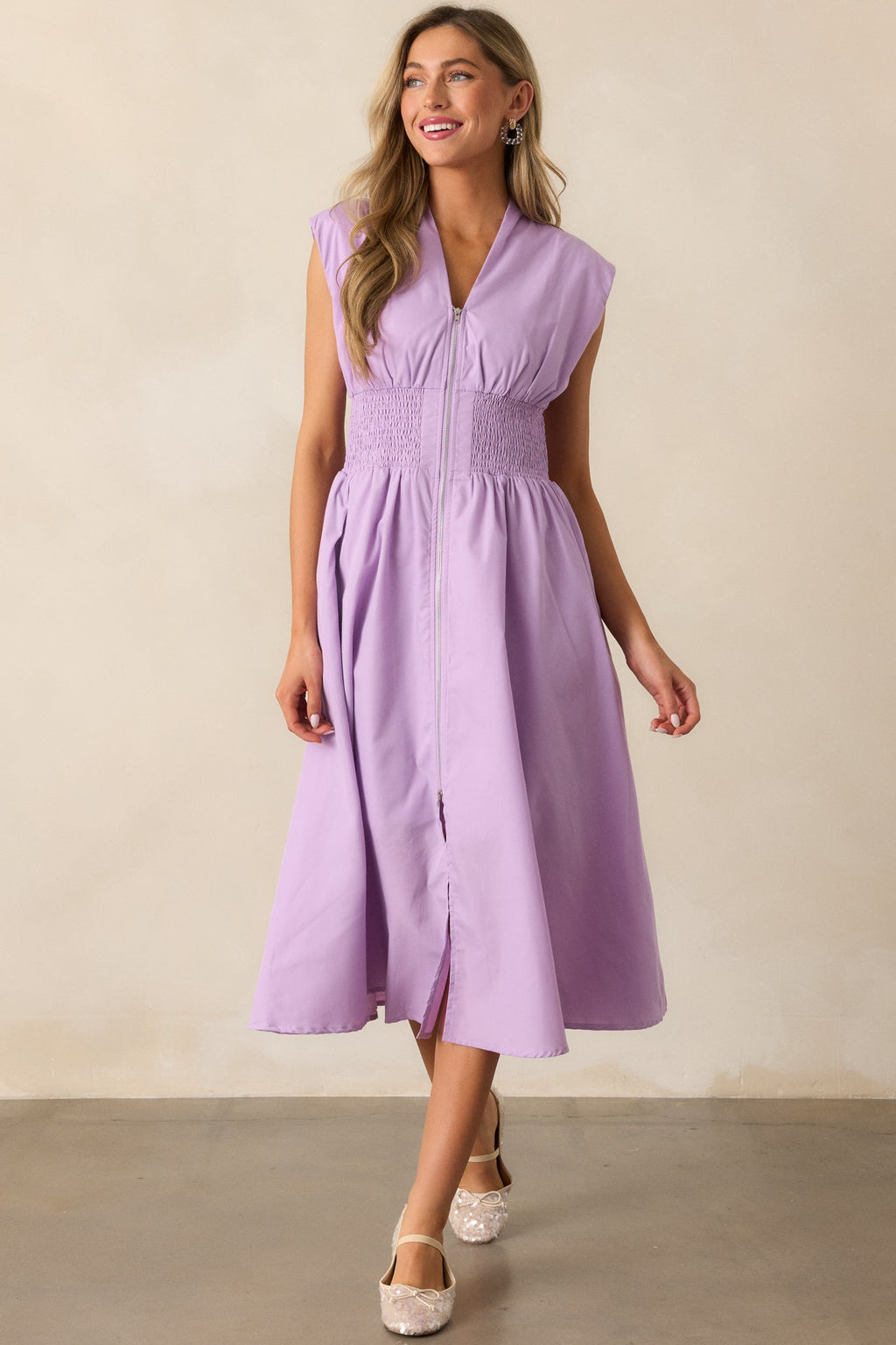 The Evette Lavender Zip Front Midi Dress