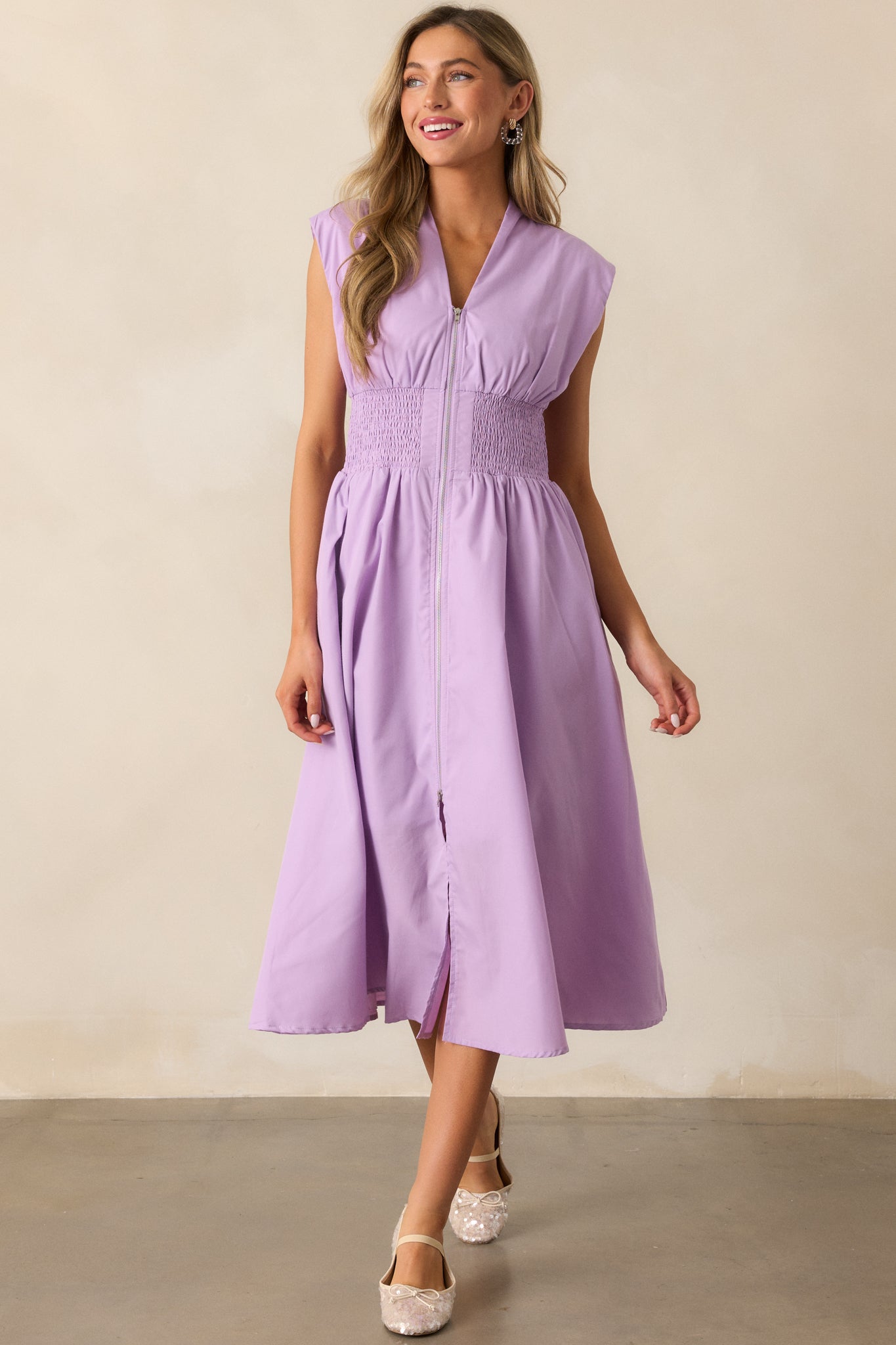 The Evette Lavender Zip Front Midi Dress