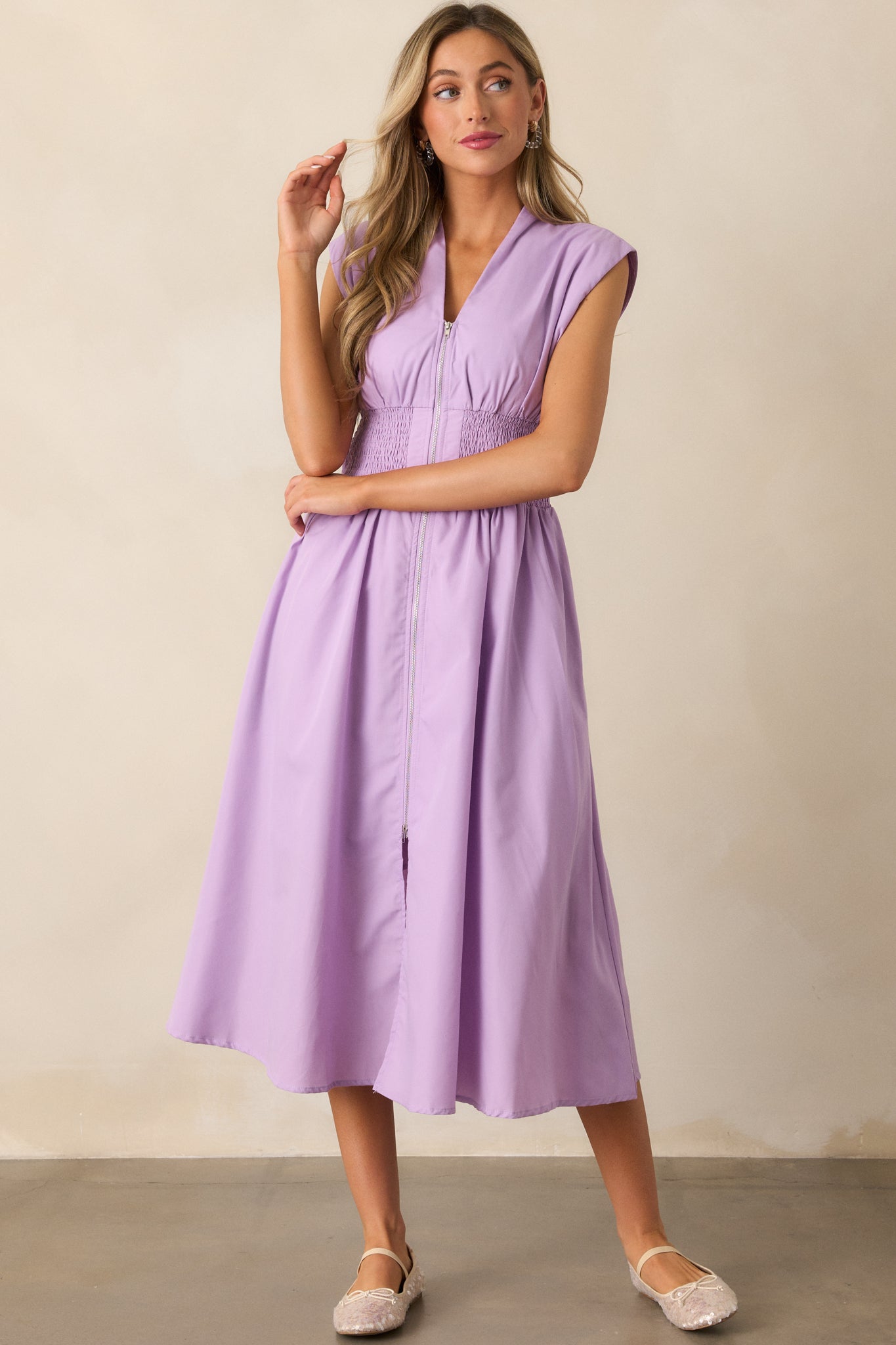 The Evette Lavender Zip Front Midi Dress