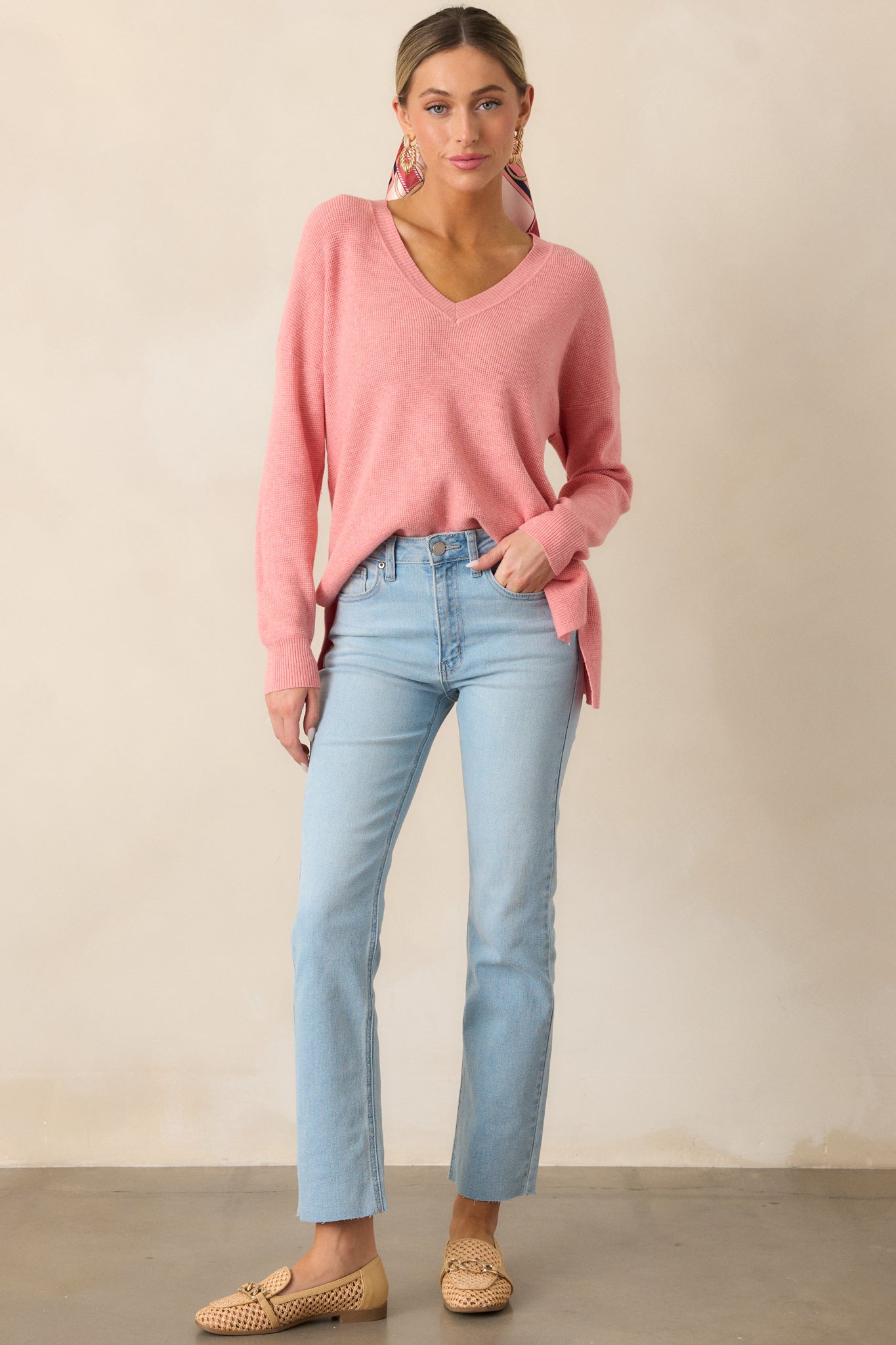 Cozy Afternoon Rose Pink V-Neck Sweater
