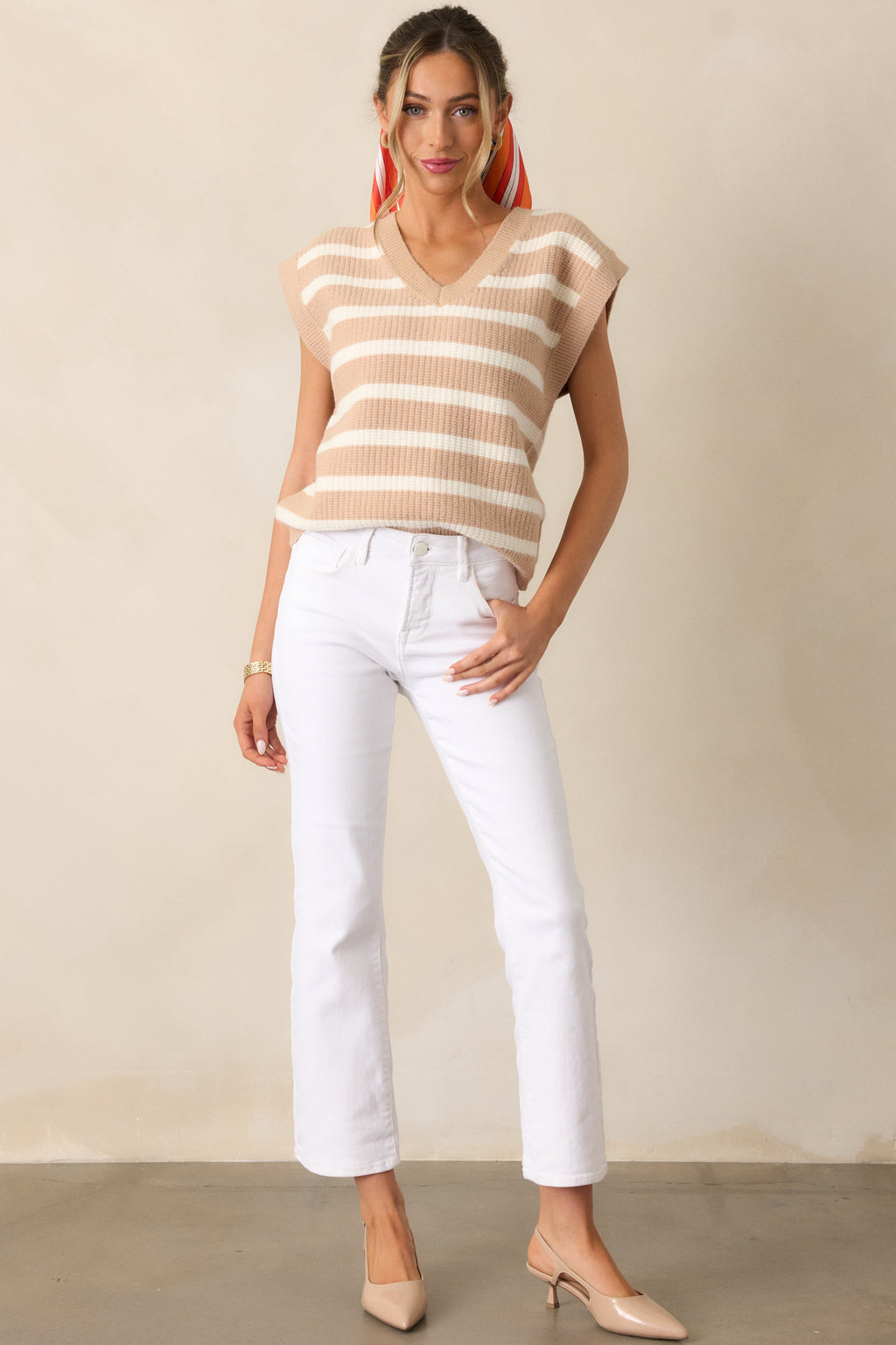 Let?s Get Brunch Tan Stripe V-Neck Sweater Vest