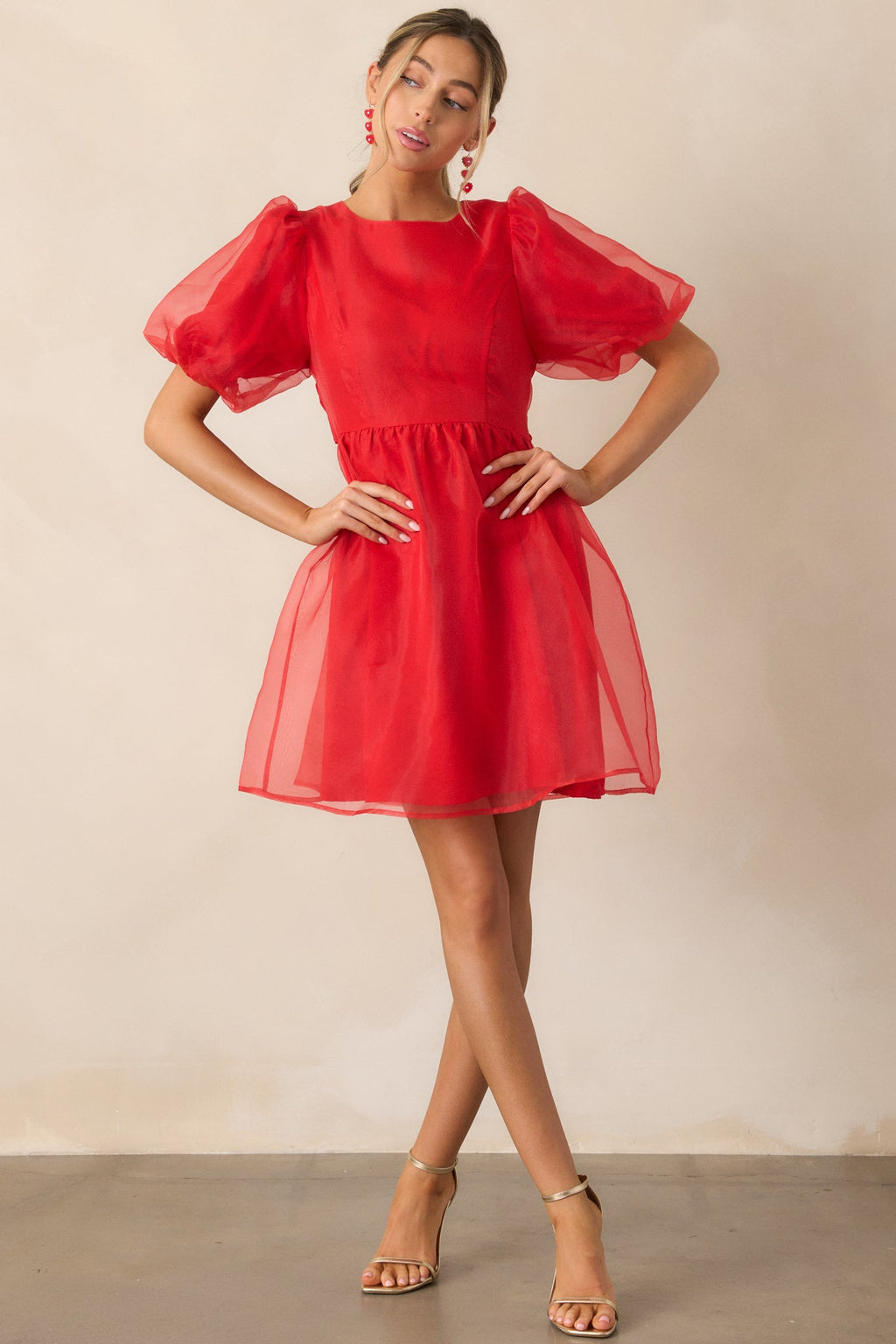 Another Kiss Red Puff Sleeve Mini Dress