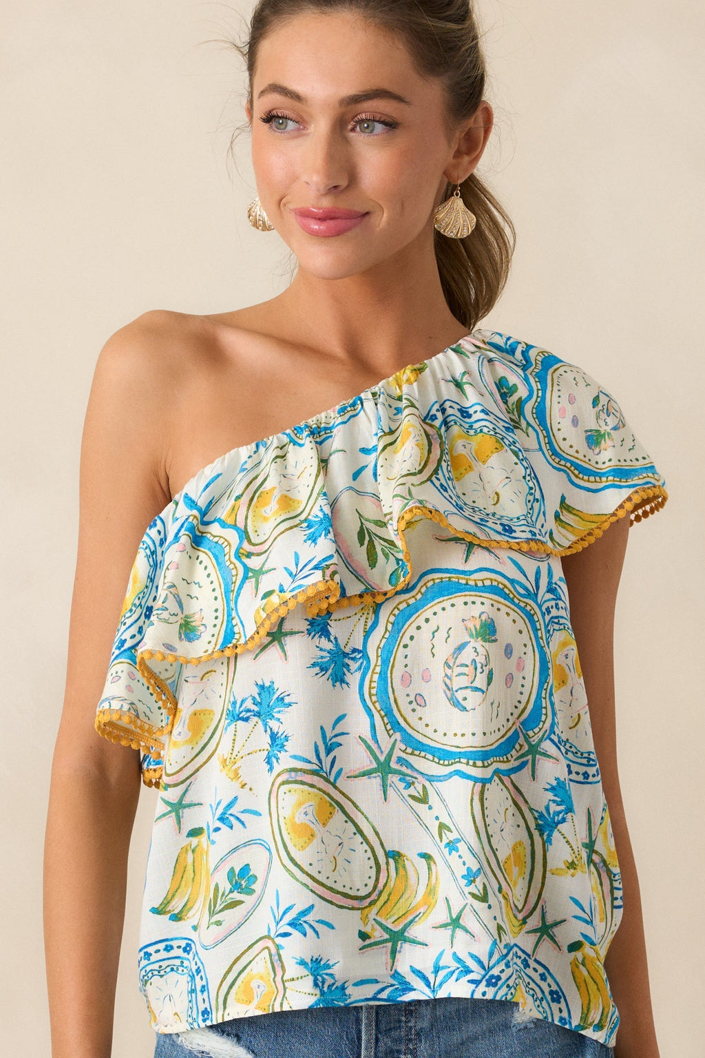 I Told You Ivory Tropical Print One Shoulder Top
