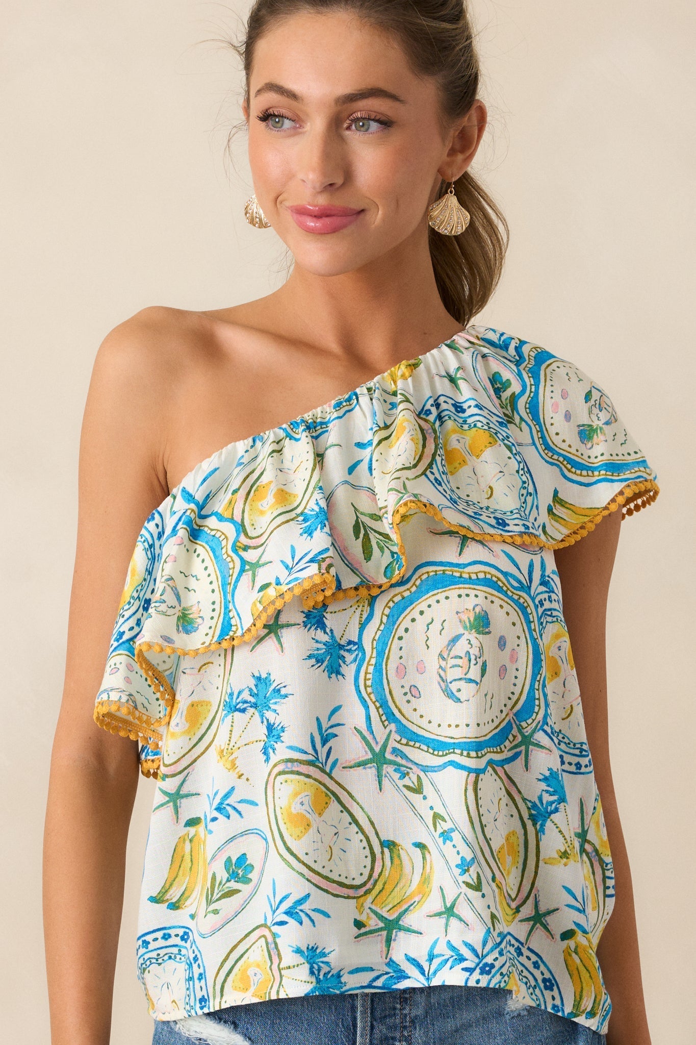 I Told You Ivory Tropical Print One Shoulder Top