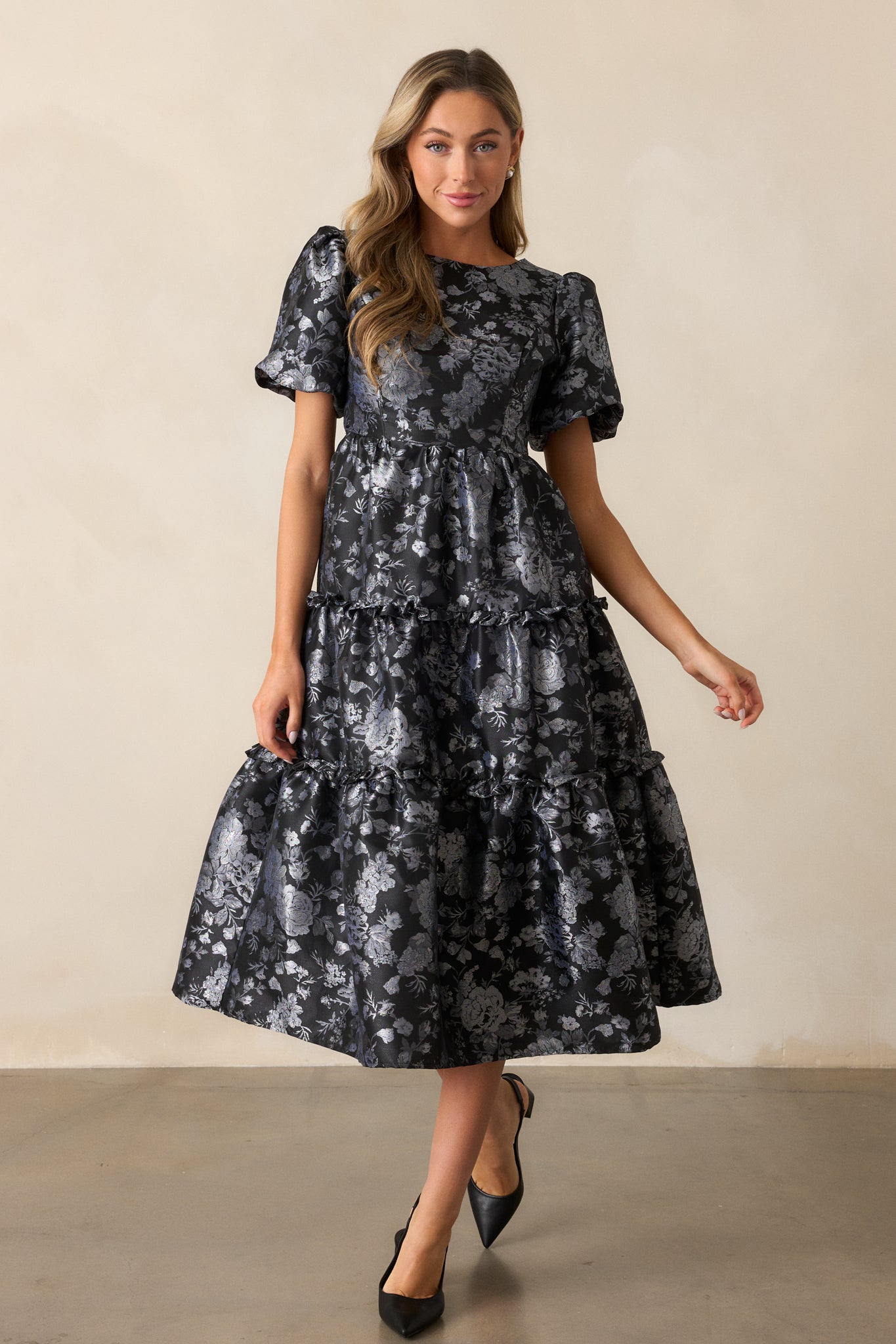 Follow My Lead Black Floral Jacquard Midi Dress
