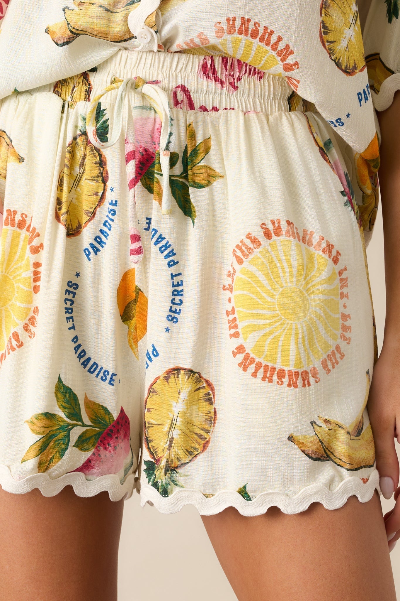 Sunlit Shores Ivory Tropical Fruit Print Shorts