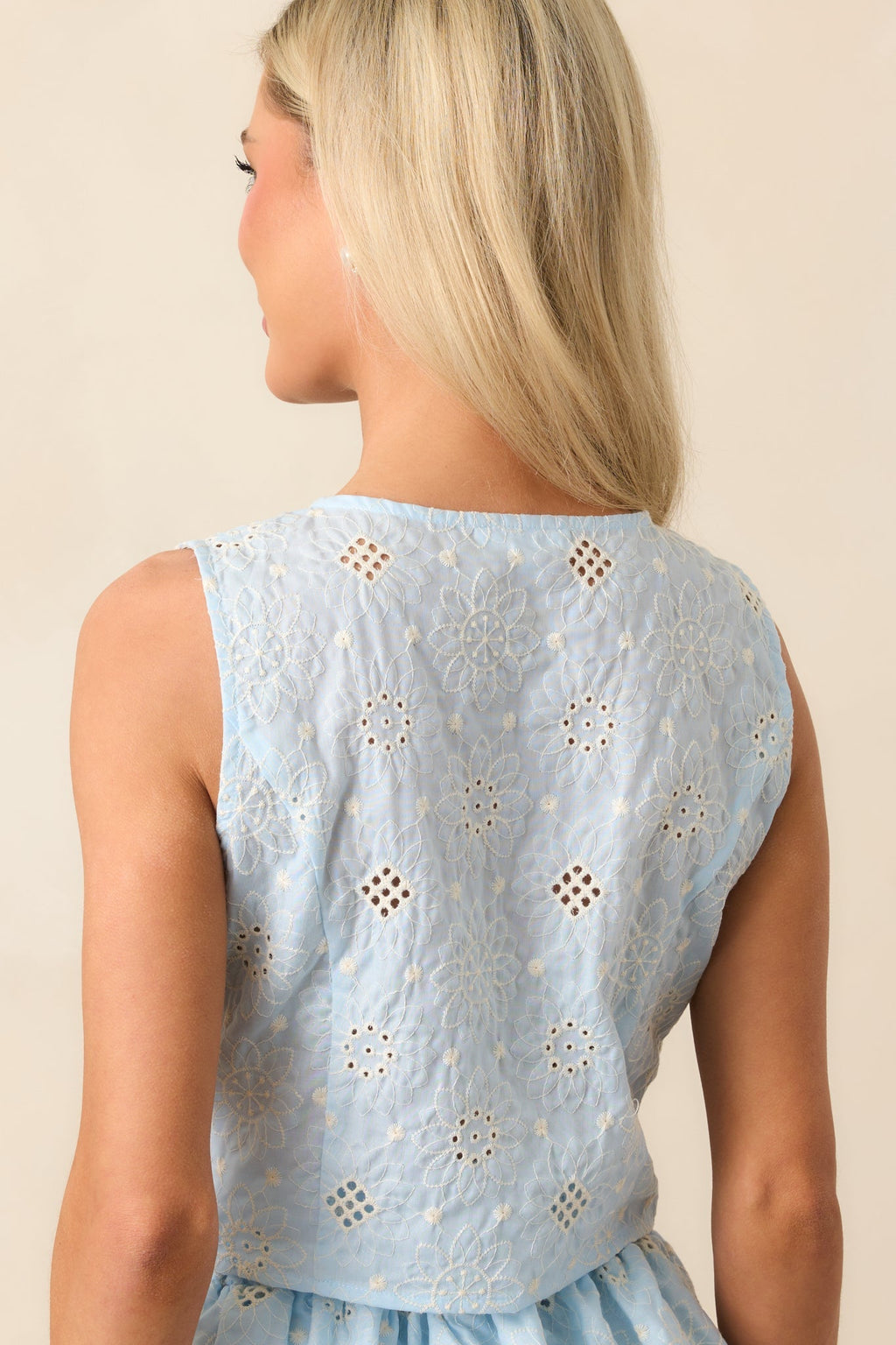 Let The Light In Sky Blue Embroidered Eyelet Crop Top