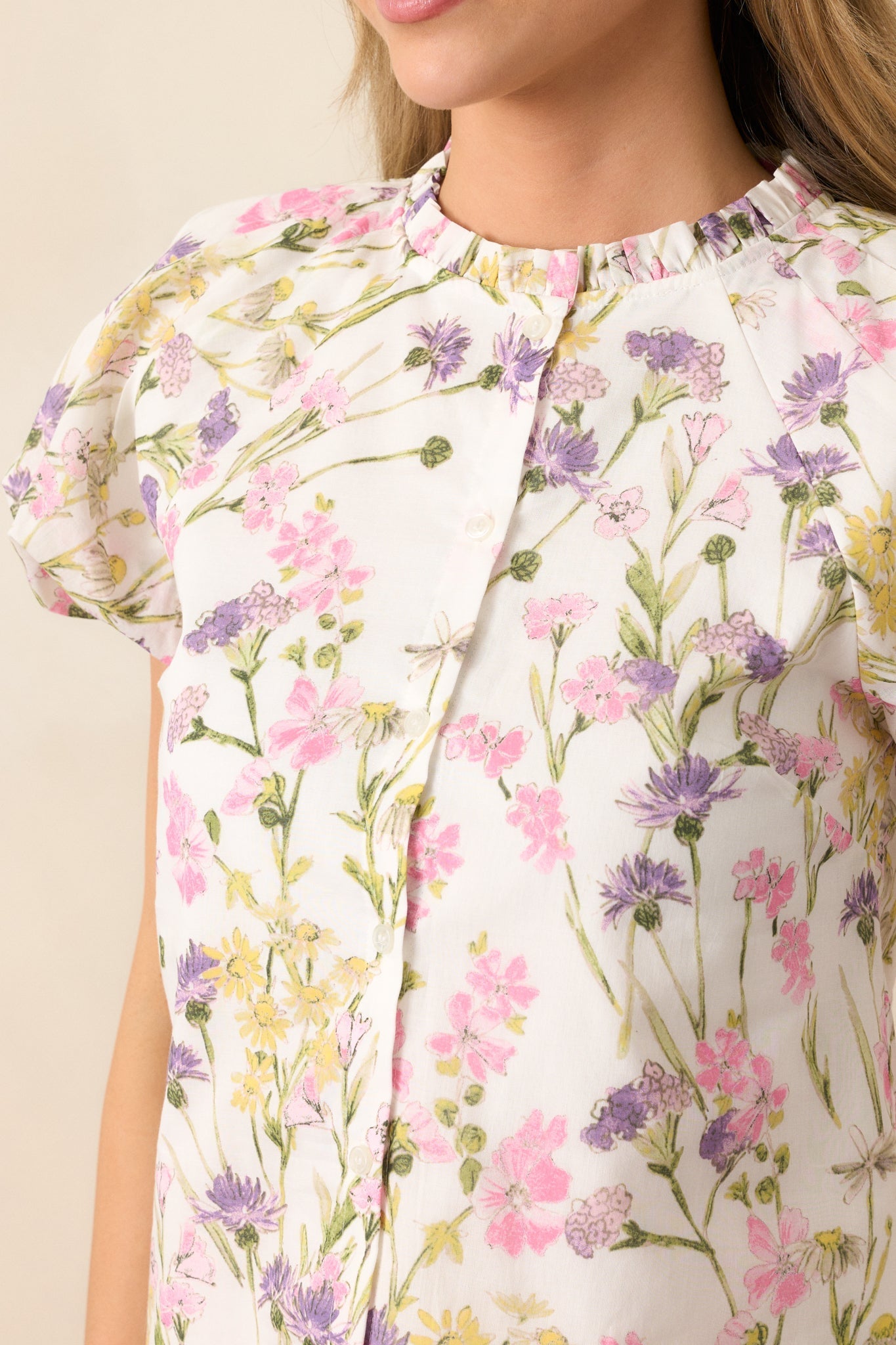 Peaceful Moments Ivory Floral Cotton Puff Sleeve Button Front Top