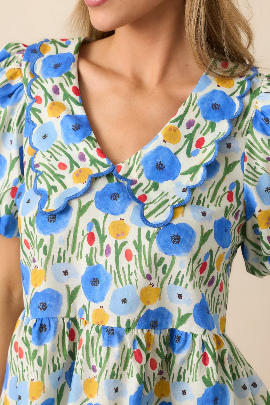 Afternoon Bliss Cotton Blue Floral Puff Sleeve Blouse