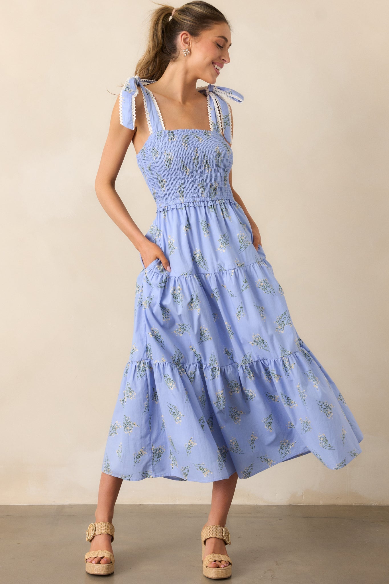 Take Me Away Cotton Periwinkle Floral Smocked Maxi Dress