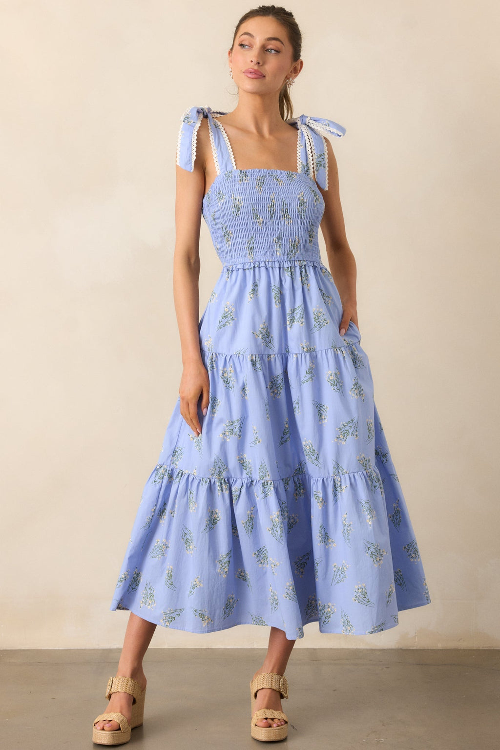 Take Me Away Cotton Periwinkle Floral Smocked Maxi Dress