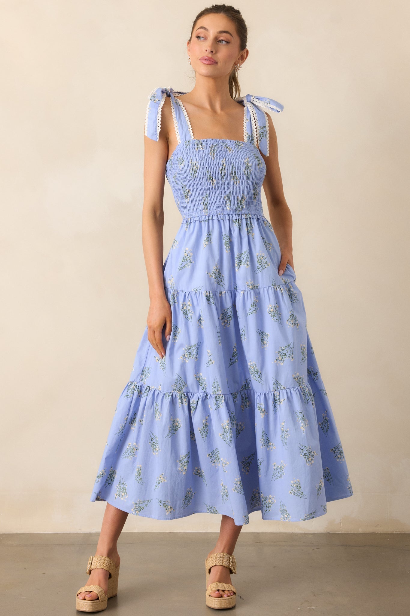 Take Me Away Cotton Periwinkle Floral Smocked Maxi Dress
