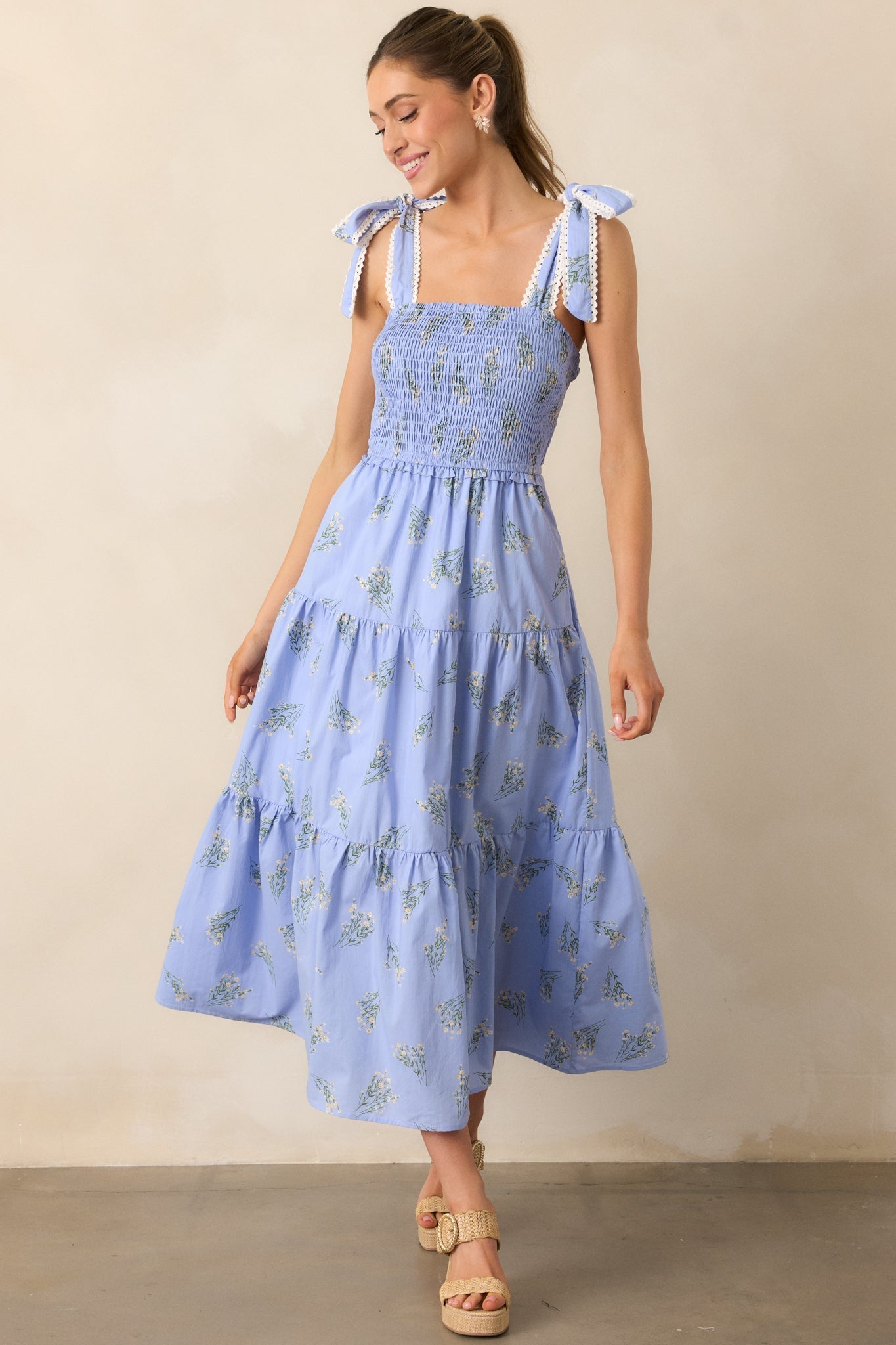 Take Me Away Cotton Periwinkle Floral Smocked Maxi Dress