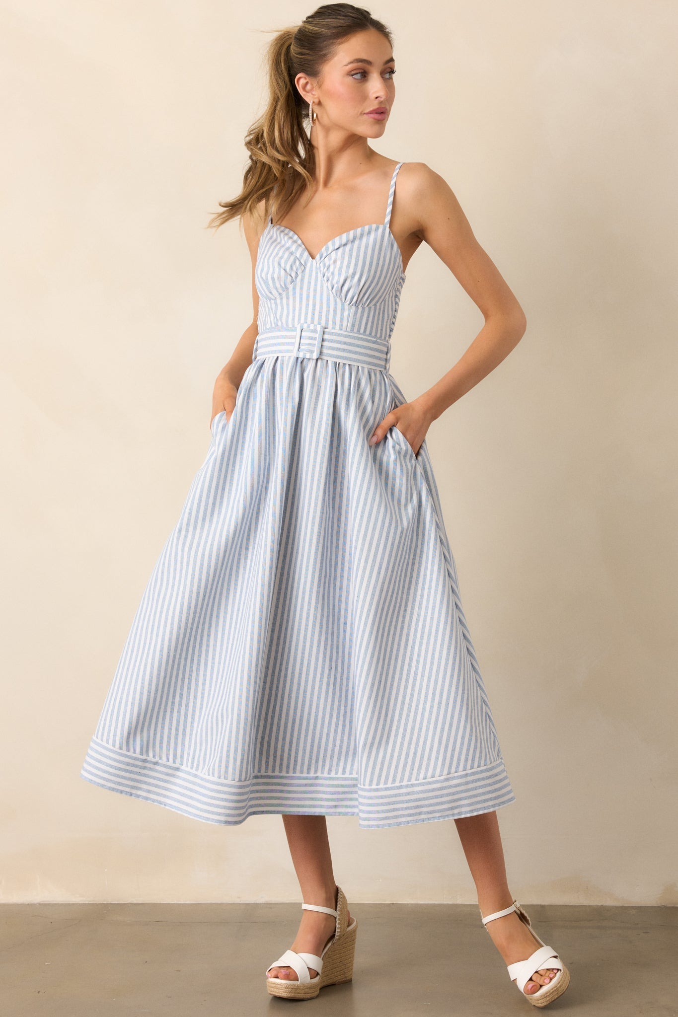 Every Little Thing Light Blue Stripe Belted Midi Dress