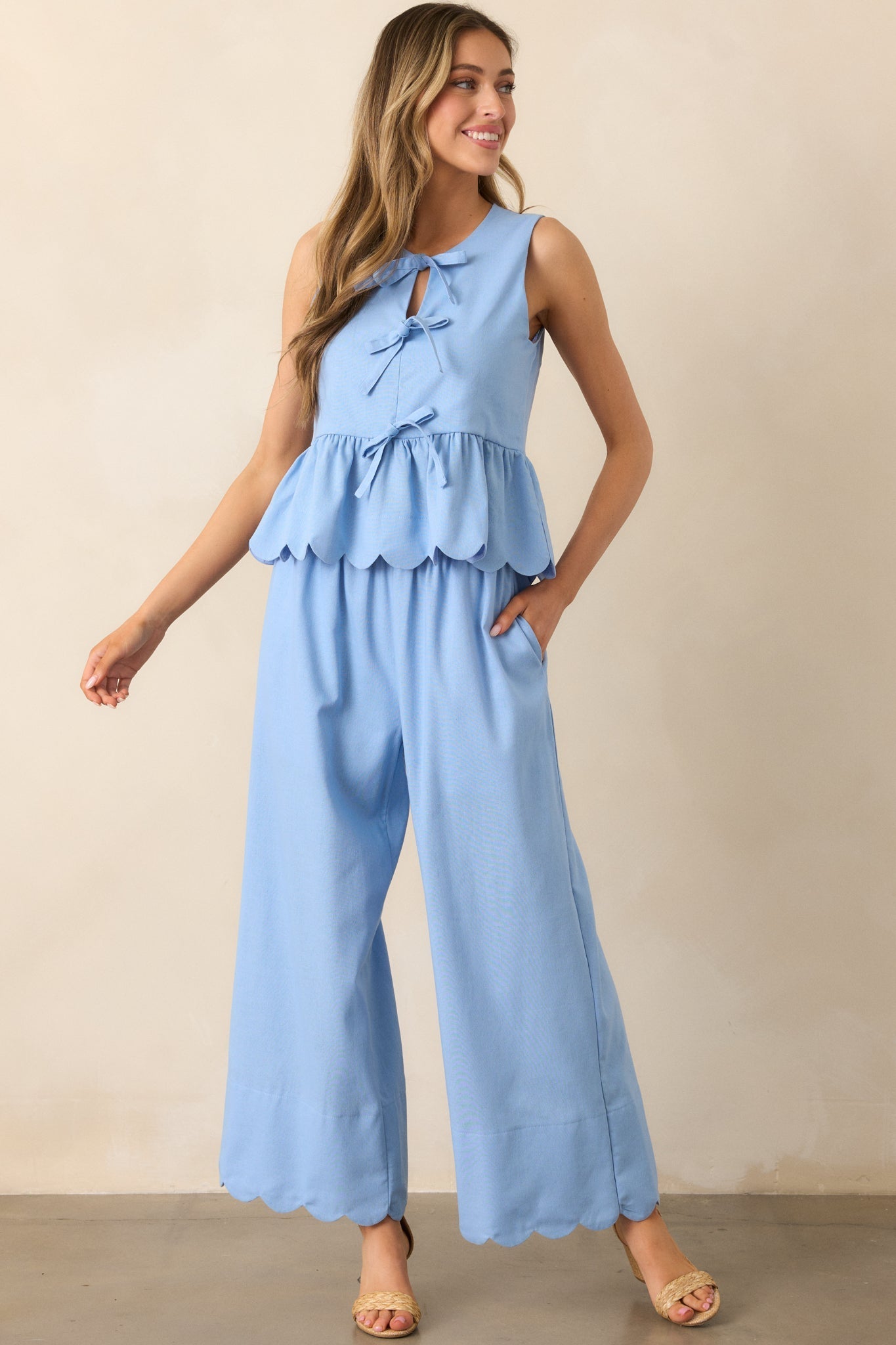 Weekend Getaway Light Blue Scalloped Hem Pants