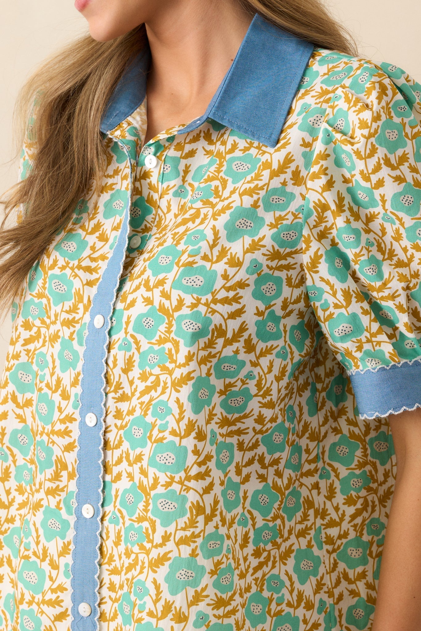When One Door Opens Green Floral Cotton Button Front Top