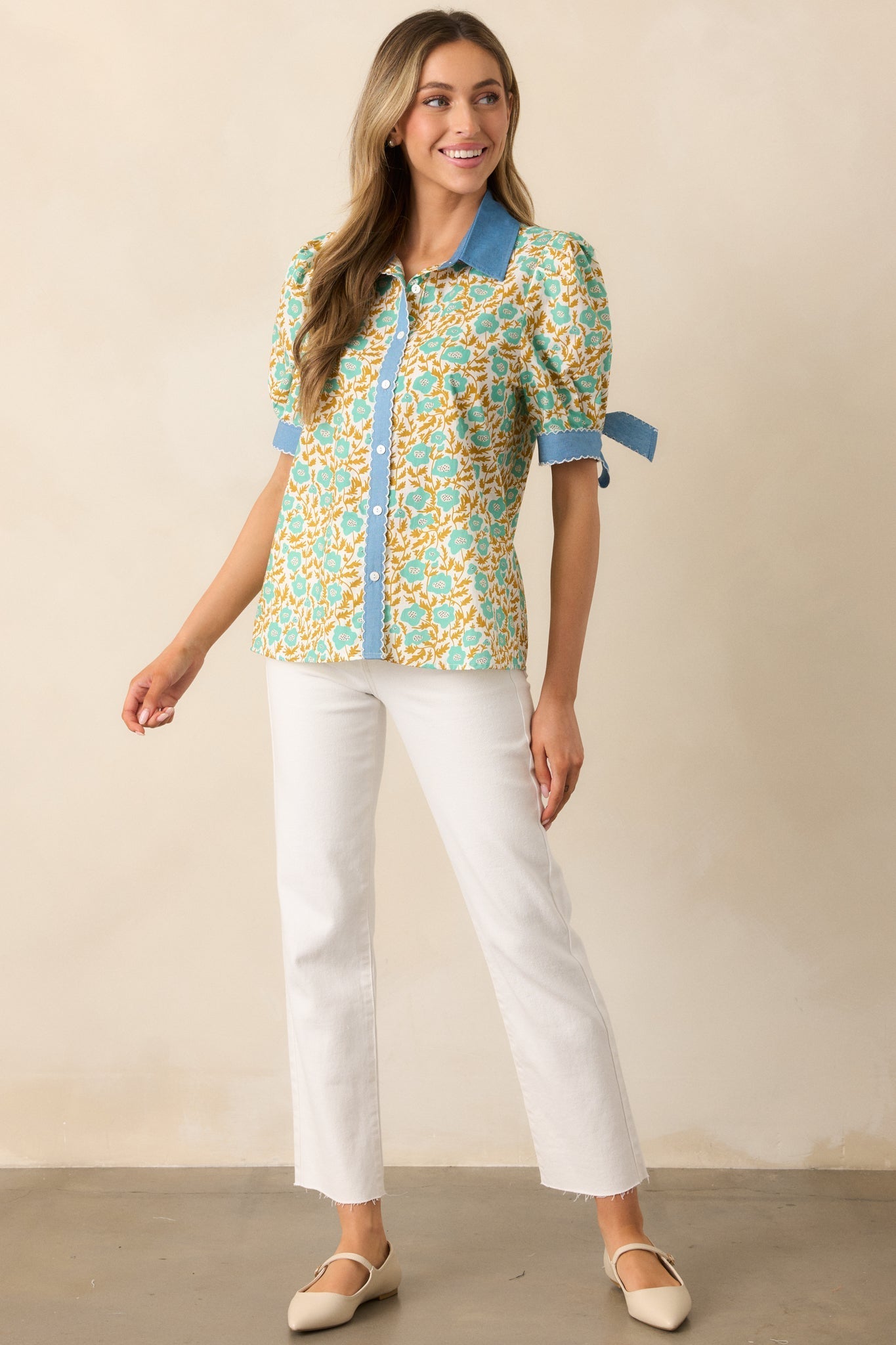 When One Door Opens Green Floral Cotton Button Front Top