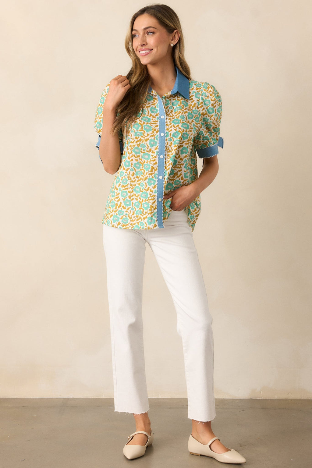 When One Door Opens Green Floral Cotton Button Front Top