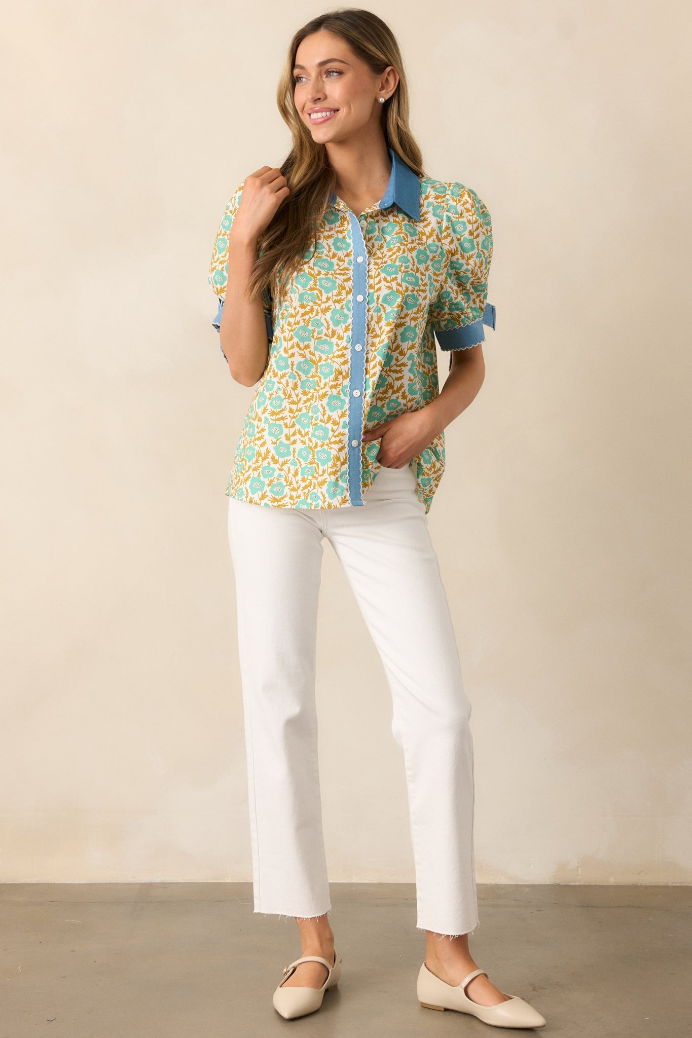 When One Door Opens Green Floral Cotton Button Front Top