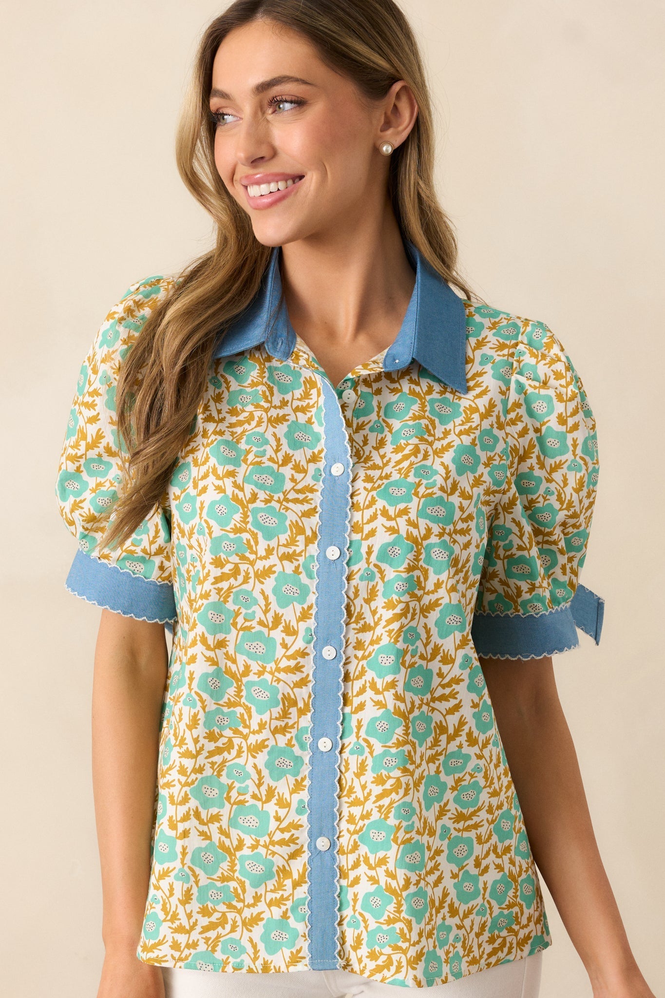 When One Door Opens Green Floral Cotton Button Front Top