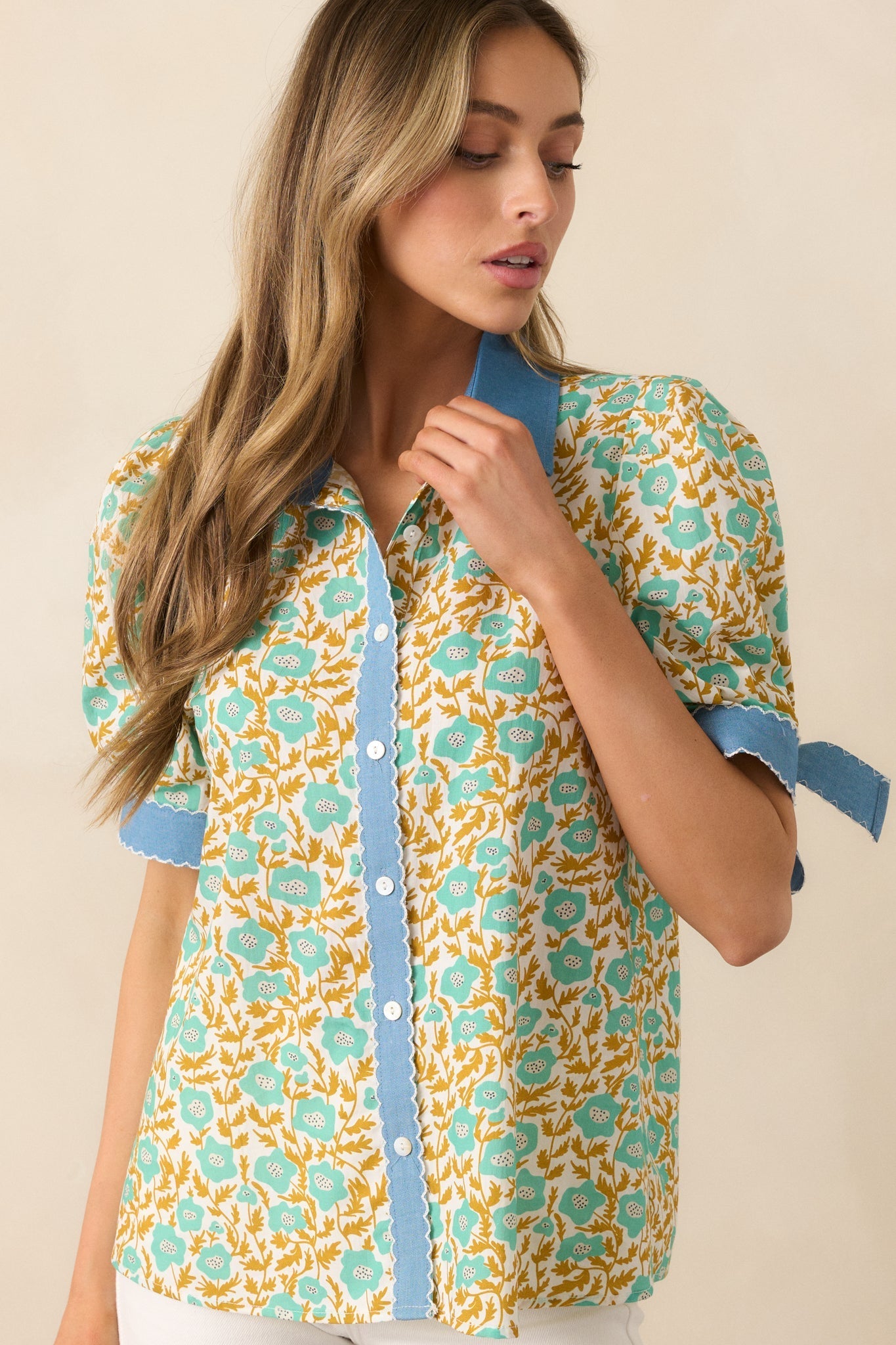 When One Door Opens Green Floral Cotton Button Front Top