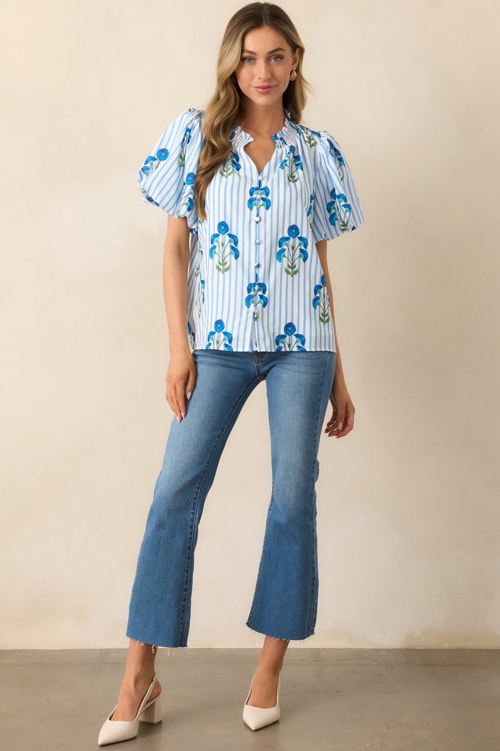 Poppy Fields Blue Button Front Puff Sleeve Top