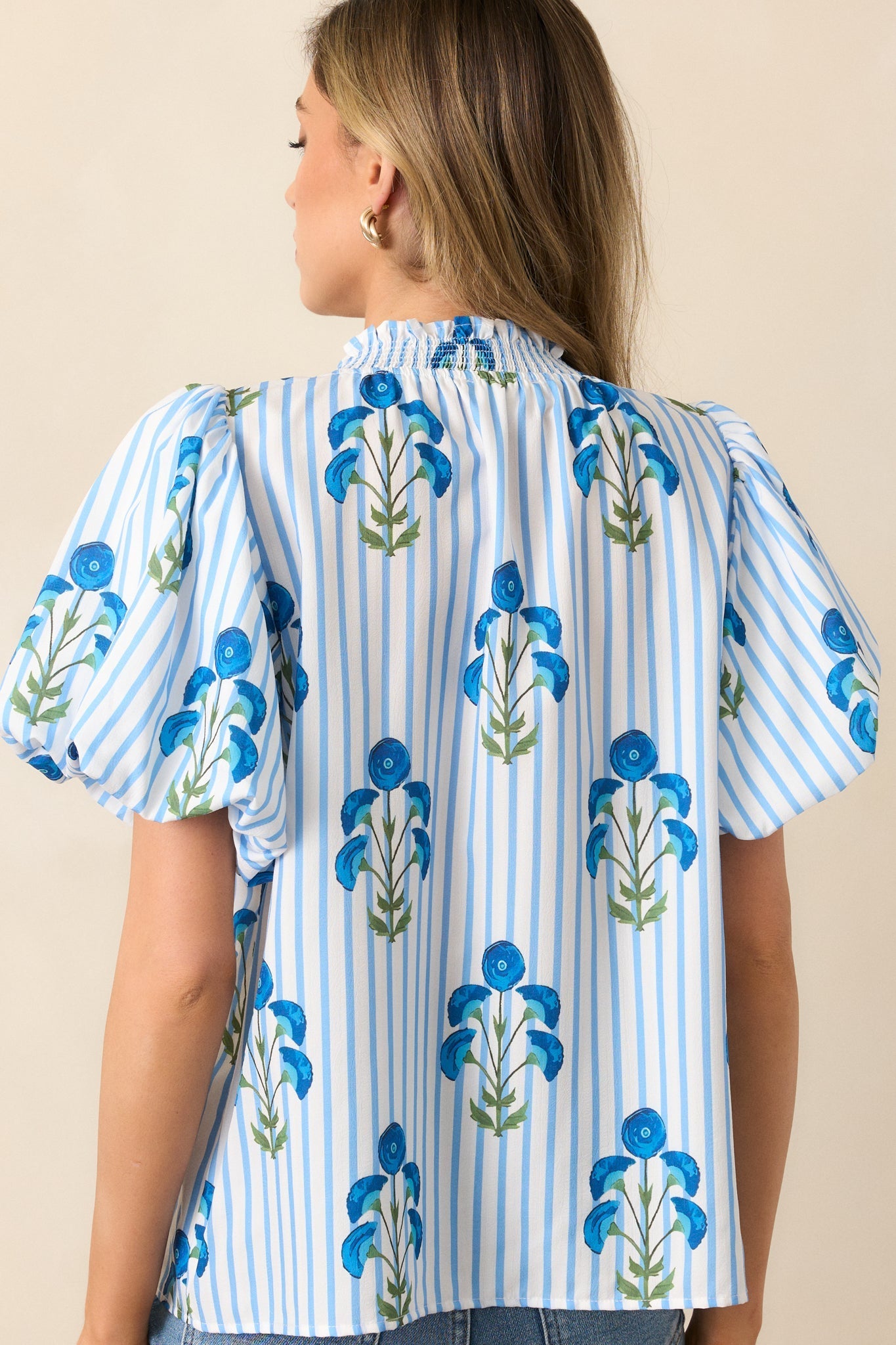Poppy Fields Blue Button Front Puff Sleeve Top