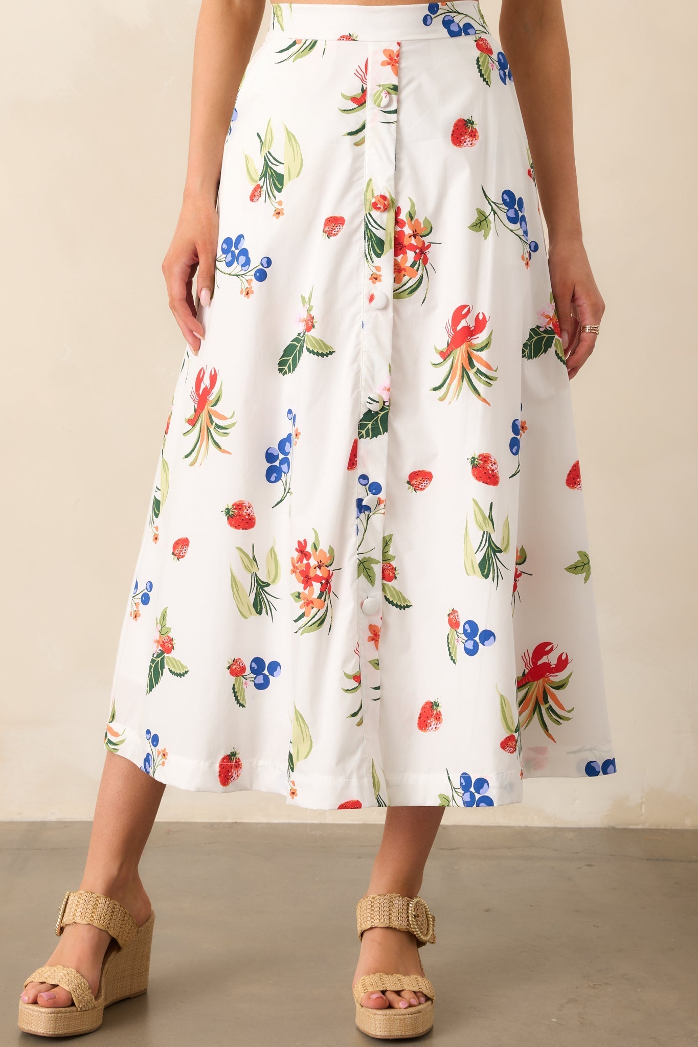 Not In A Rush White Cotton Coastal Print Midi Skirt