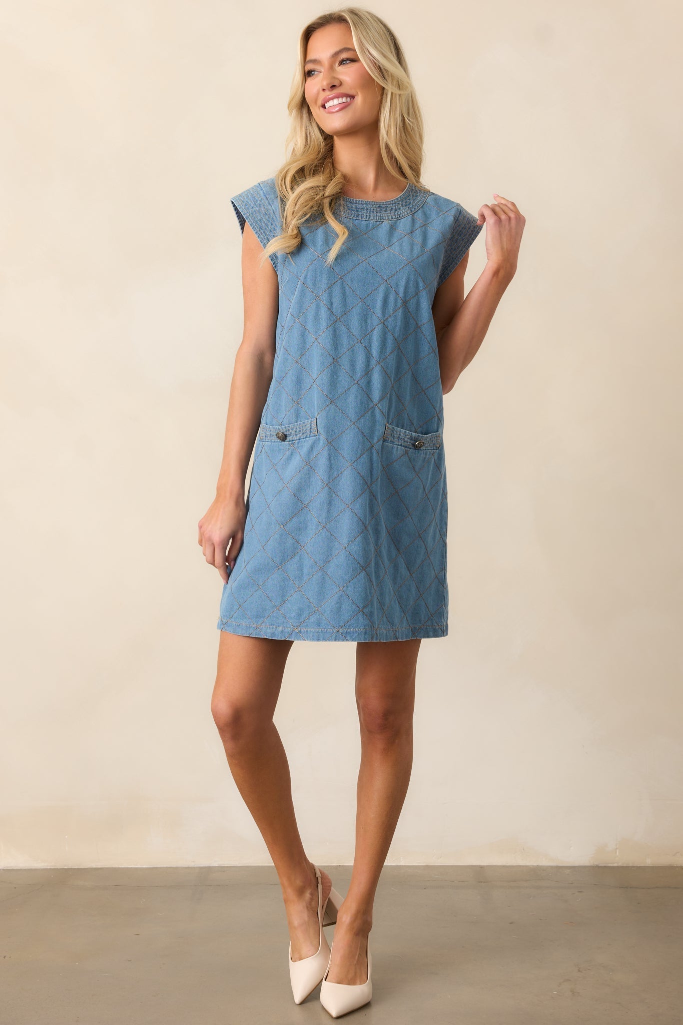 Just Wondering Light Chambray Quilted Mini Dress