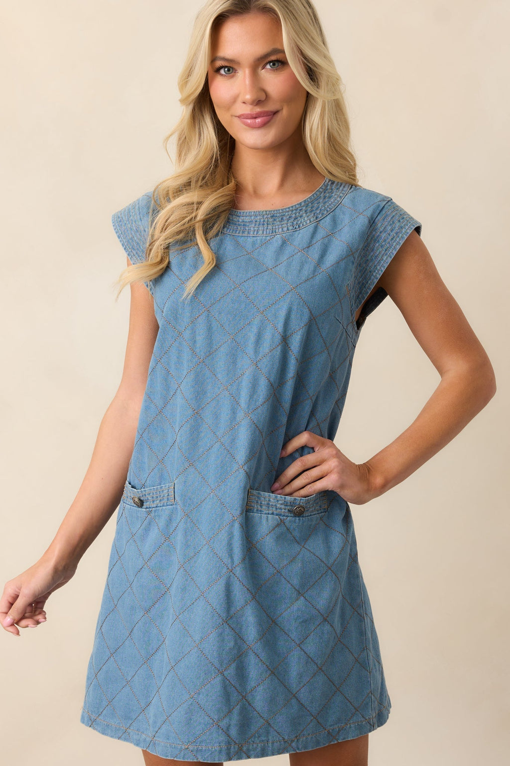 Just Wondering Light Chambray Quilted Mini Dress
