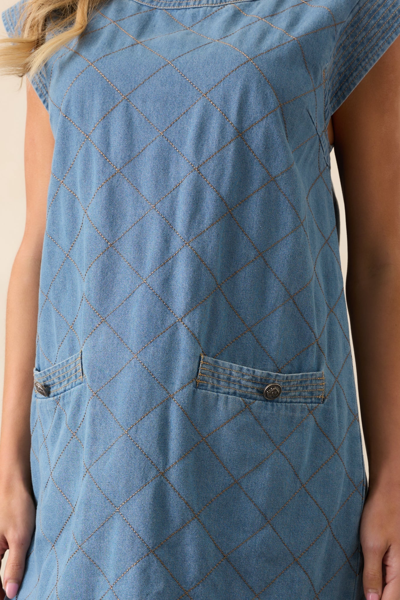 Just Wondering Light Chambray Quilted Mini Dress