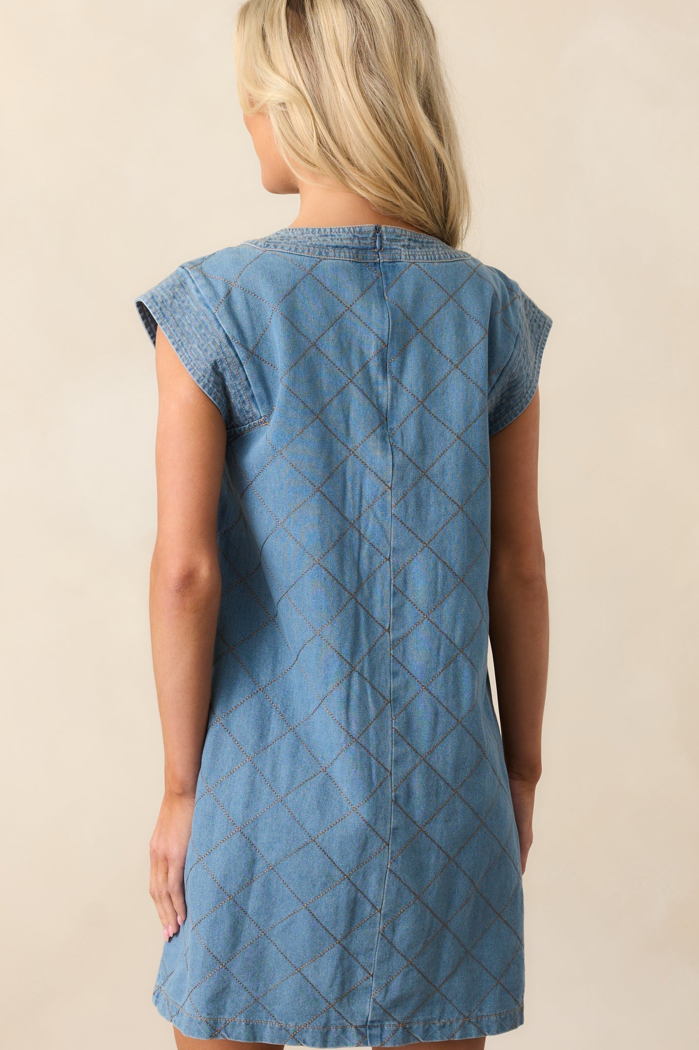 Just Wondering Light Chambray Quilted Mini Dress