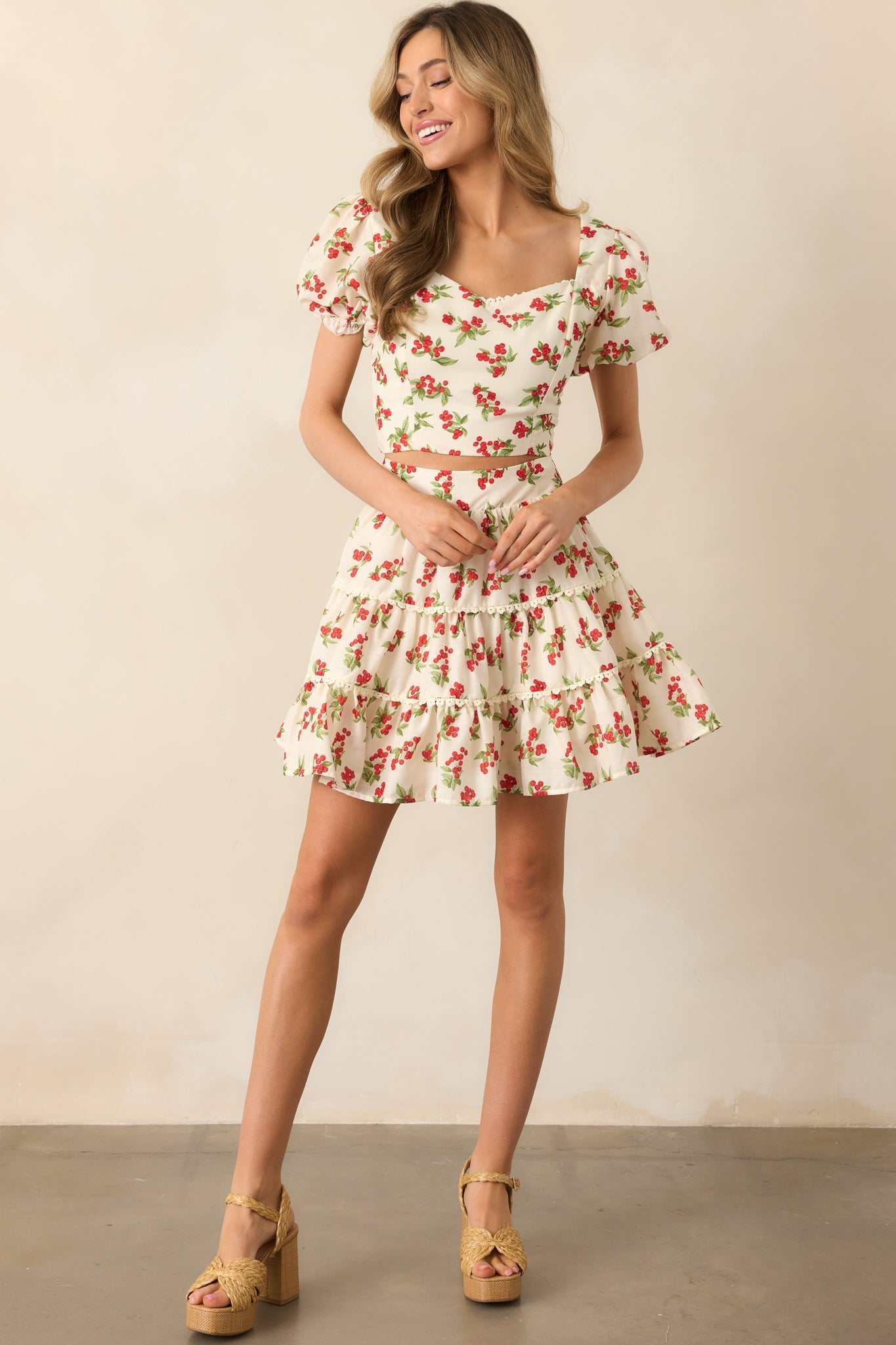 Just Wait And See Ivory Floral Berry Puff Sleeve Crop Top