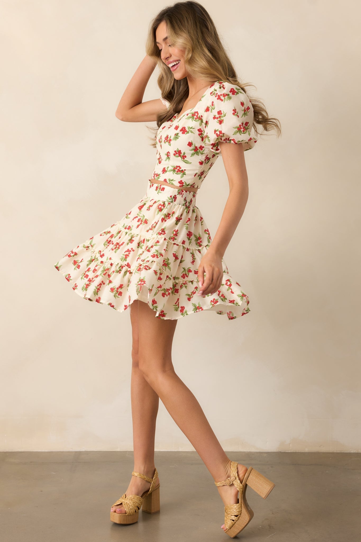 Just Wait And See Ivory Floral Berry Puff Sleeve Crop Top
