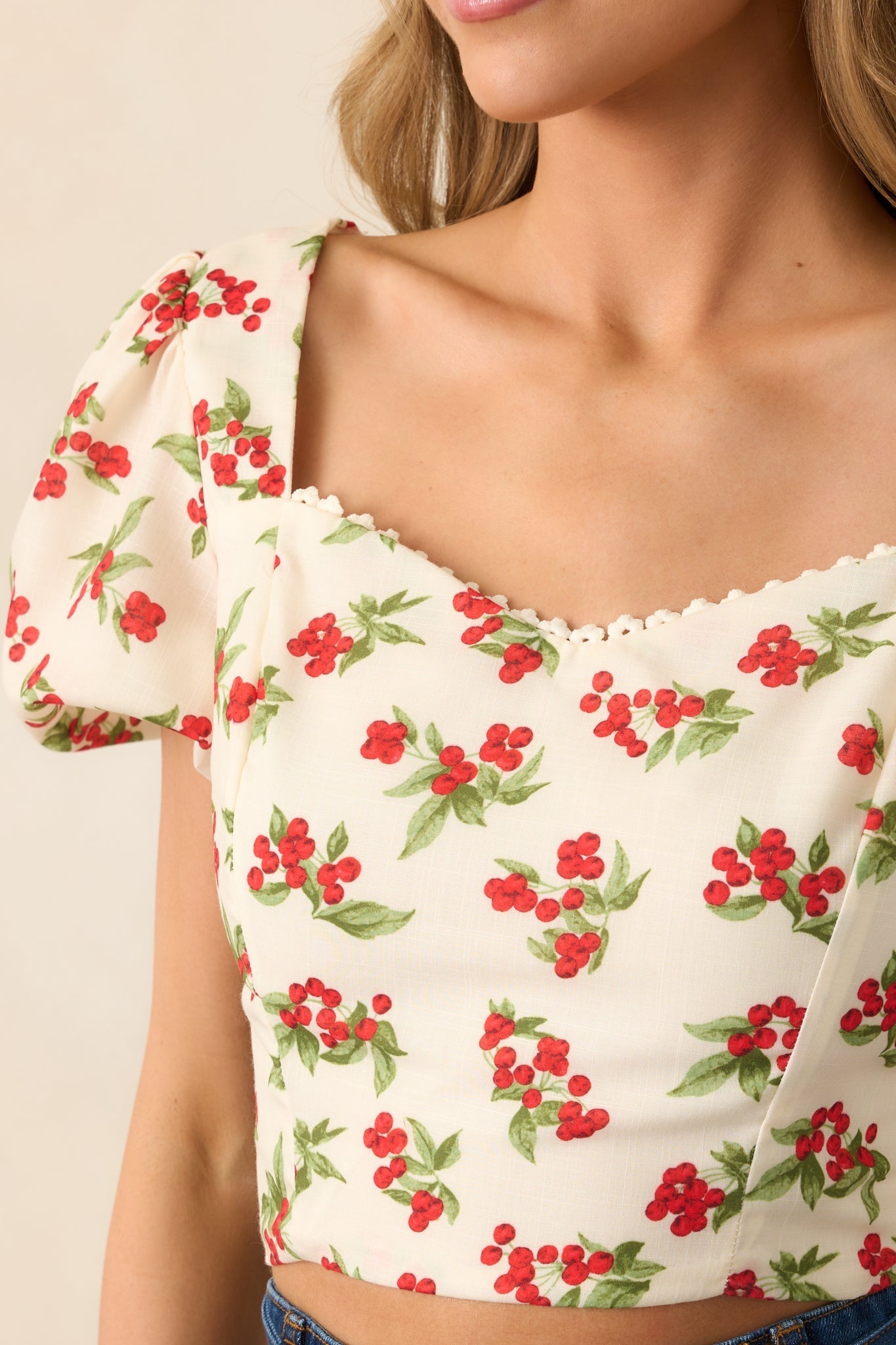 Just Wait And See Ivory Floral Berry Puff Sleeve Crop Top