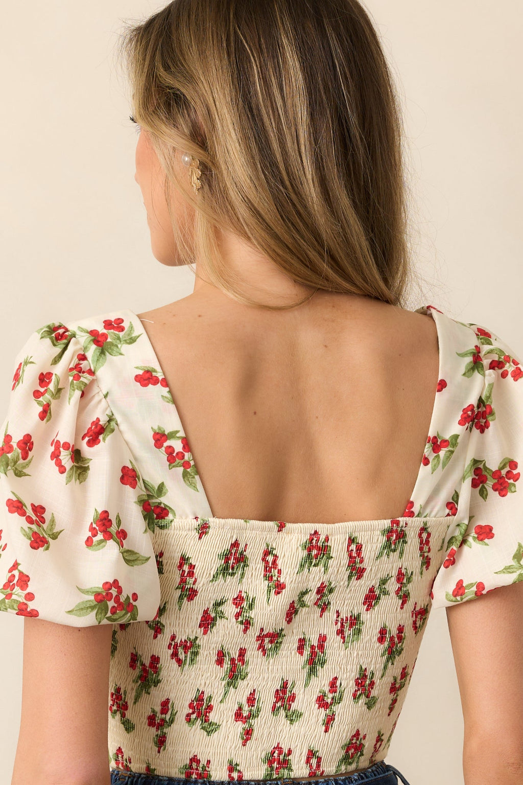 Just Wait And See Ivory Floral Berry Puff Sleeve Crop Top