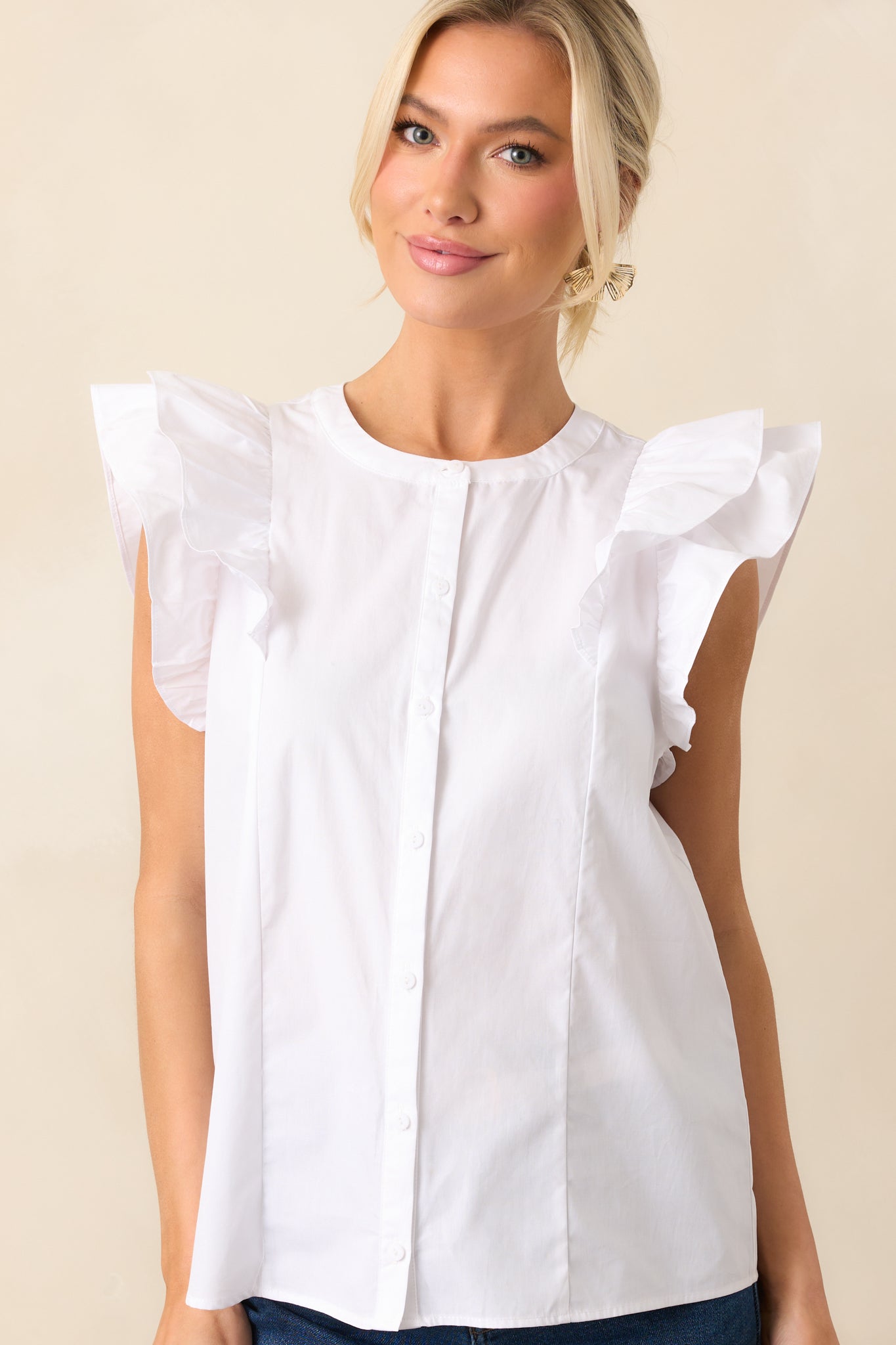Feels Like Yesterday White Cotton Button Front Blouse