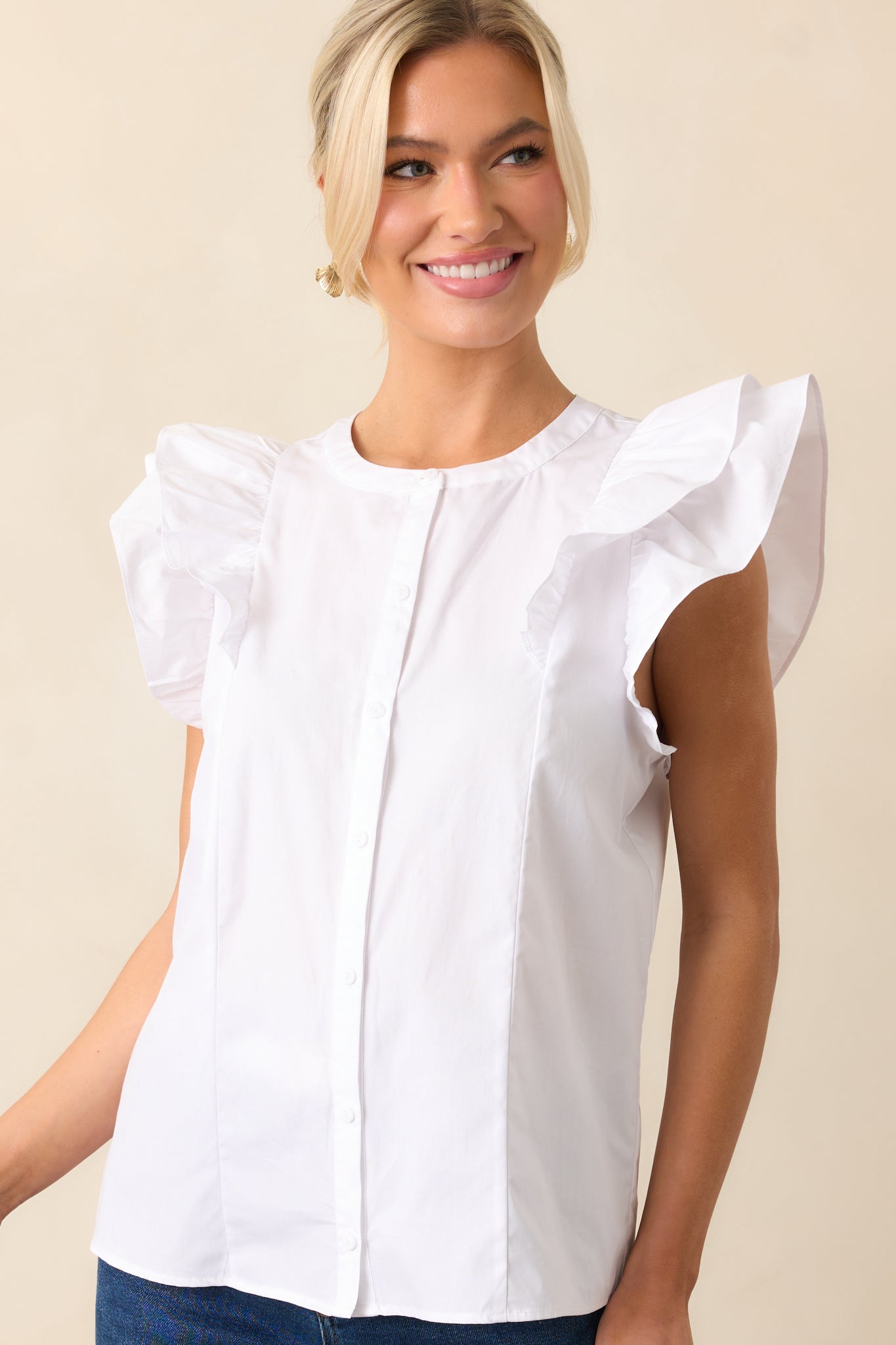 Feels Like Yesterday White Cotton Button Front Blouse