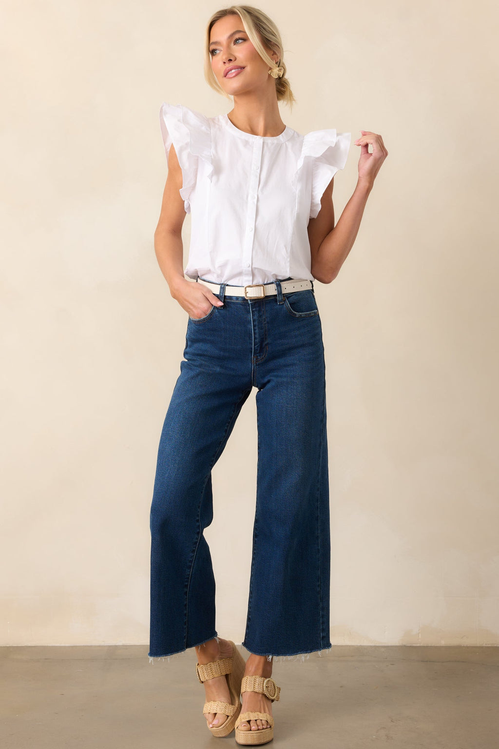Feels Like Yesterday White Cotton Button Front Blouse